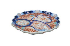 Antique Japanese Meiji Imari Porcelain Scalloped Foo Dog Fan Charger Plate 12"