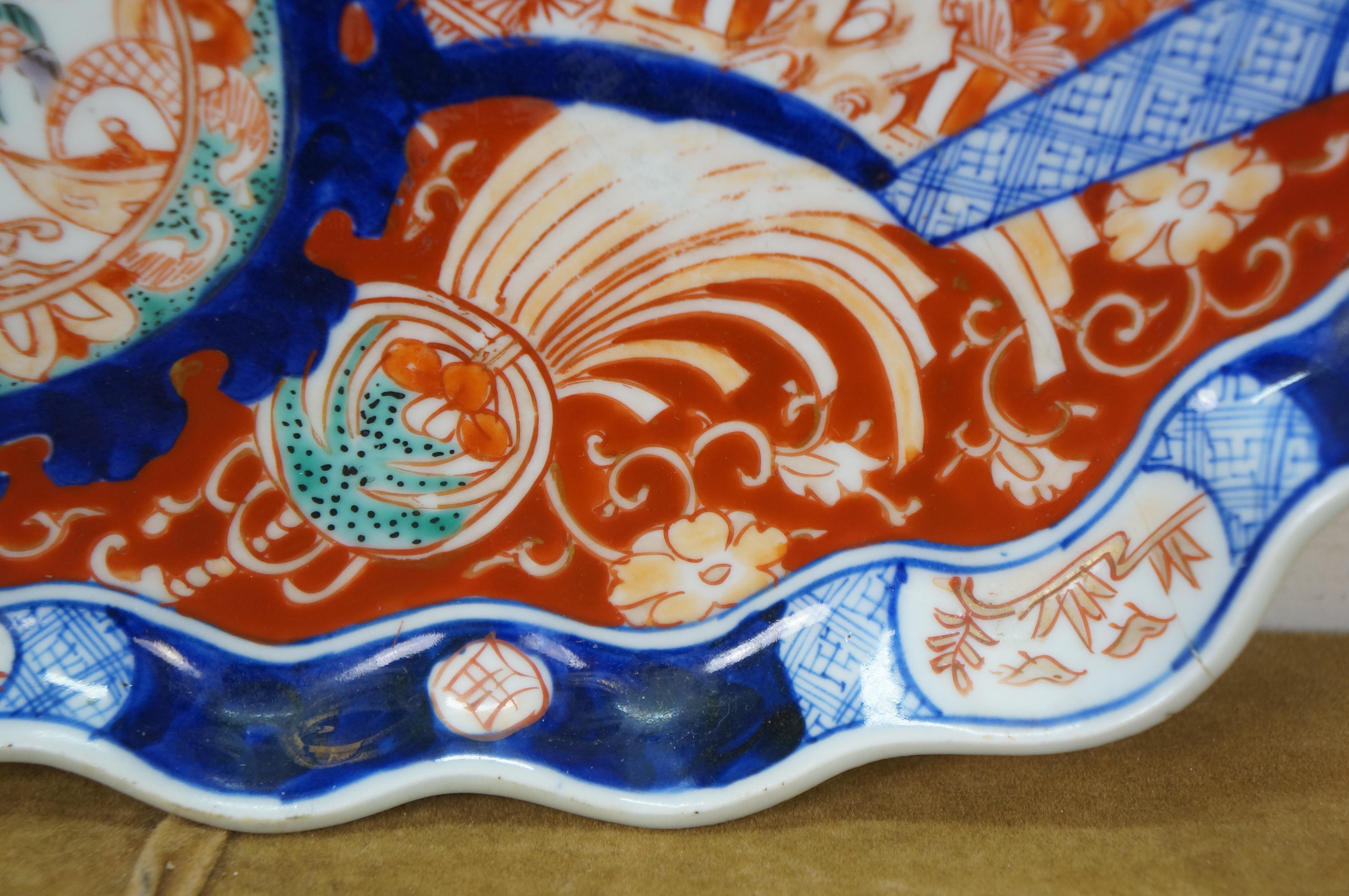 Antique Japanese Meiji Imari Porcelain Scalloped Foo Dog Fan Charger Plate 12