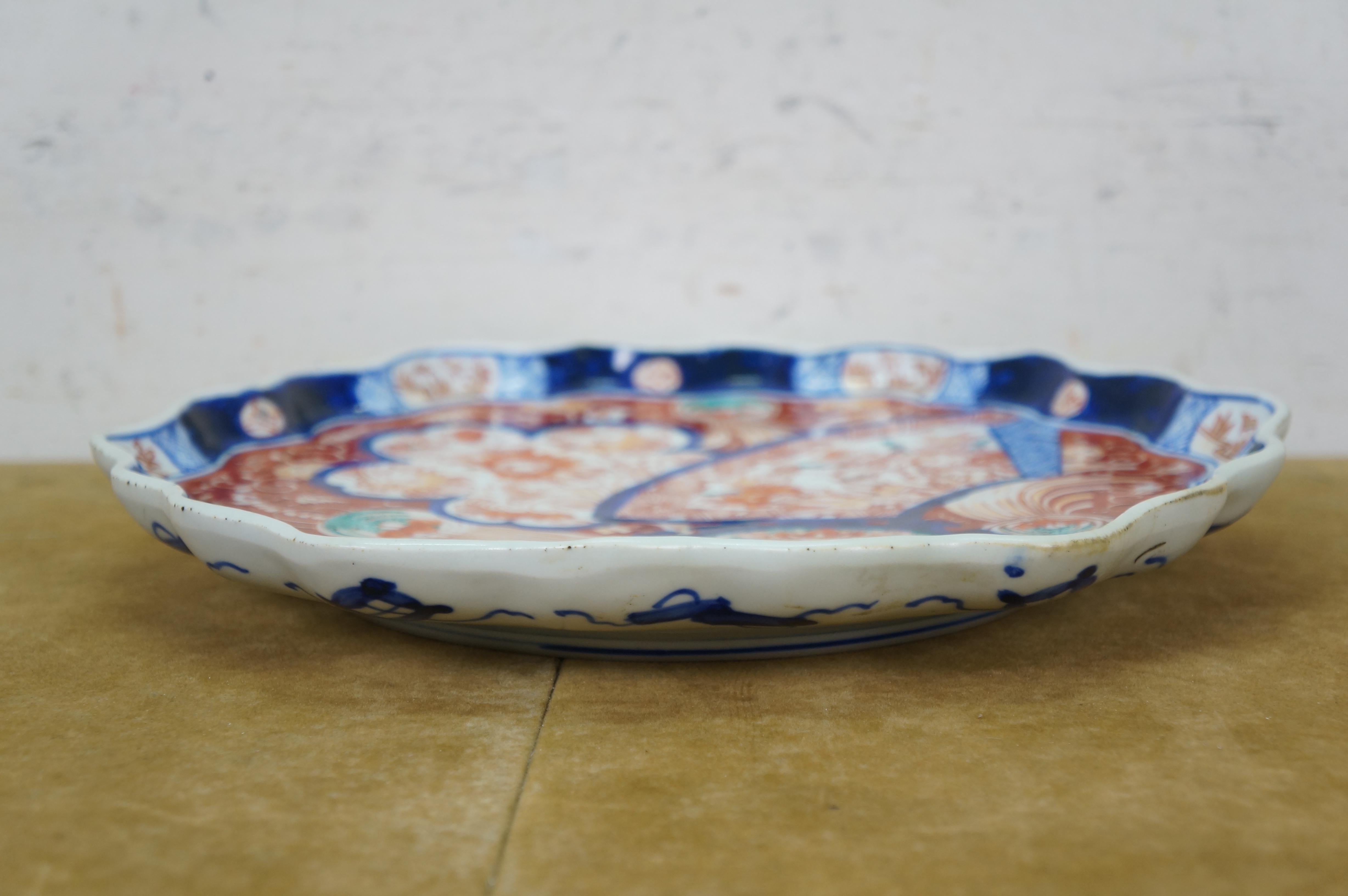 Antique Japanese Meiji Imari Porcelain Scalloped Foo Dog Fan Charger Plate 12