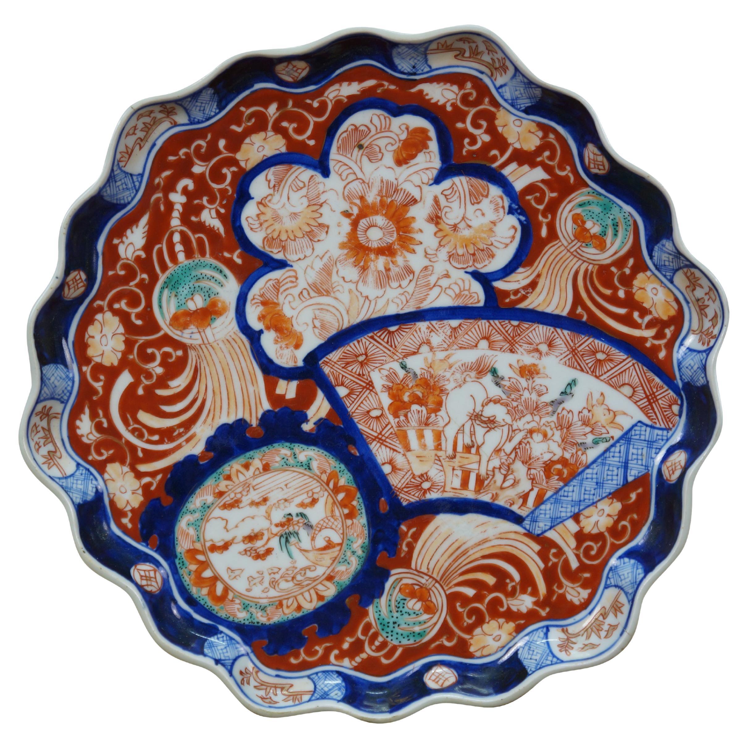 Antique Japanese Meiji Imari Porcelain Scalloped Foo Dog Fan Charger Plate 12" For Sale