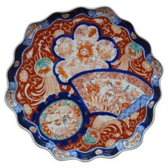 Antique Japanese Meiji Imari Porcelain Scalloped Foo Dog Fan Charger Plate 12"