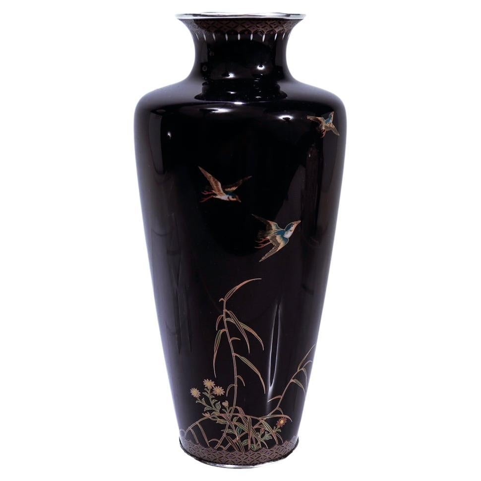 Antique Japanese Meiji Kyoto School Cloissone Enamel Vase Blue Ground with Birds For Sale