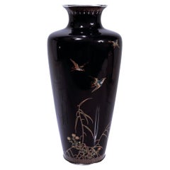 Antique Japanese Meiji Kyoto School Cloissone Enamel Vase Blue Ground with Birds