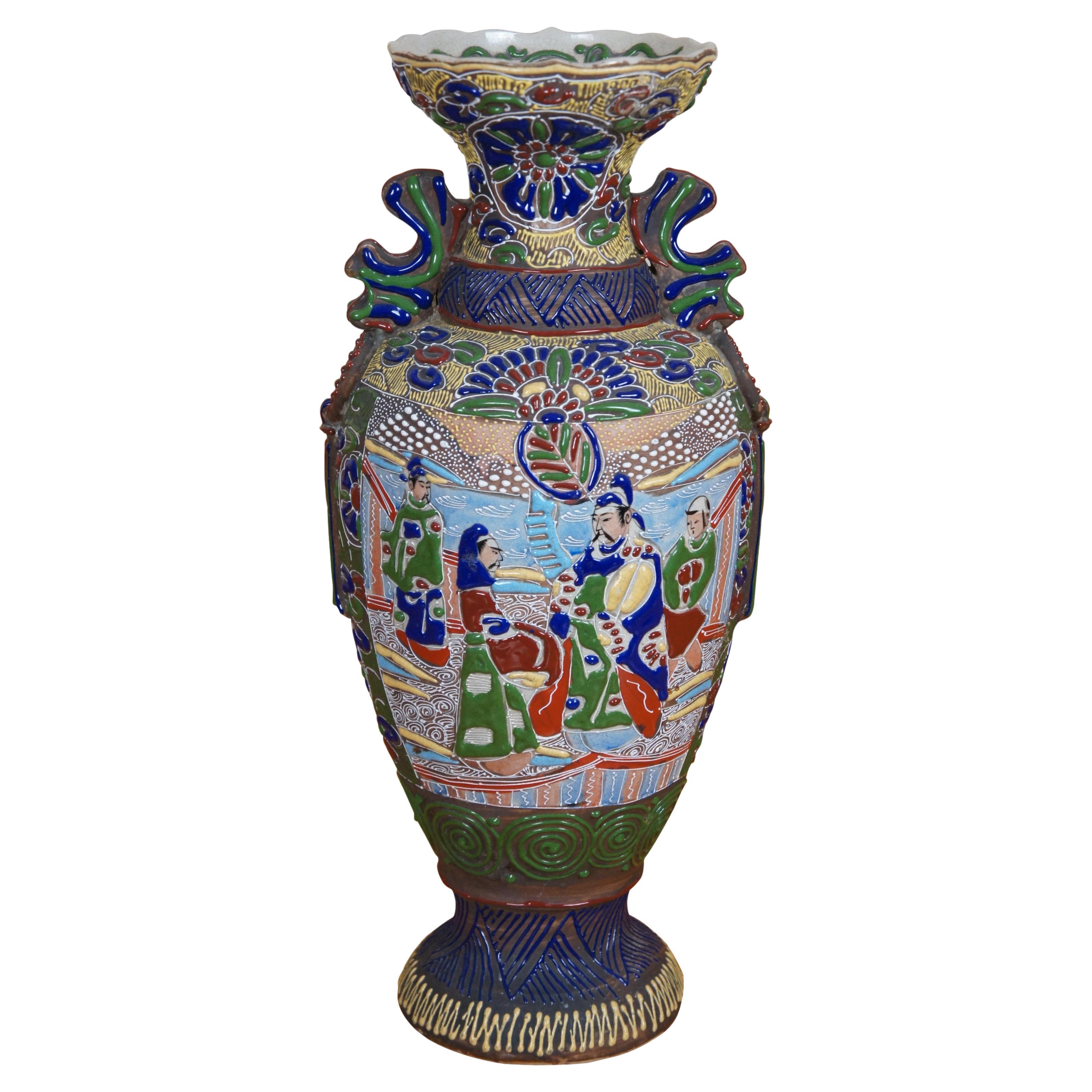 Antique Japanese Meiji Moriage Satsuma Wise Man Baluster Mantel Vase 17"