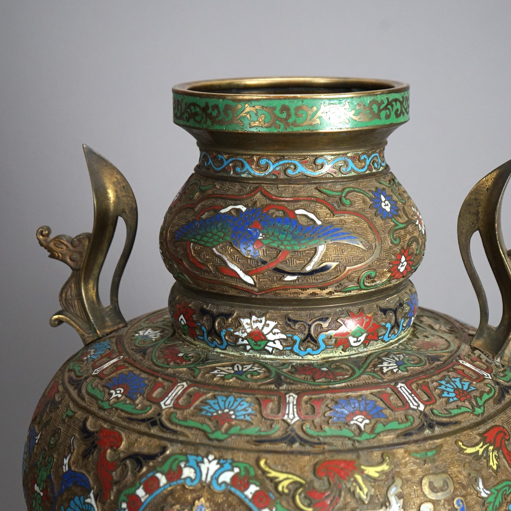 Cloissoné Antique Japanese Meiji Oversized Bronze & Cloisonne Figural Vase Circa 1900 For Sale