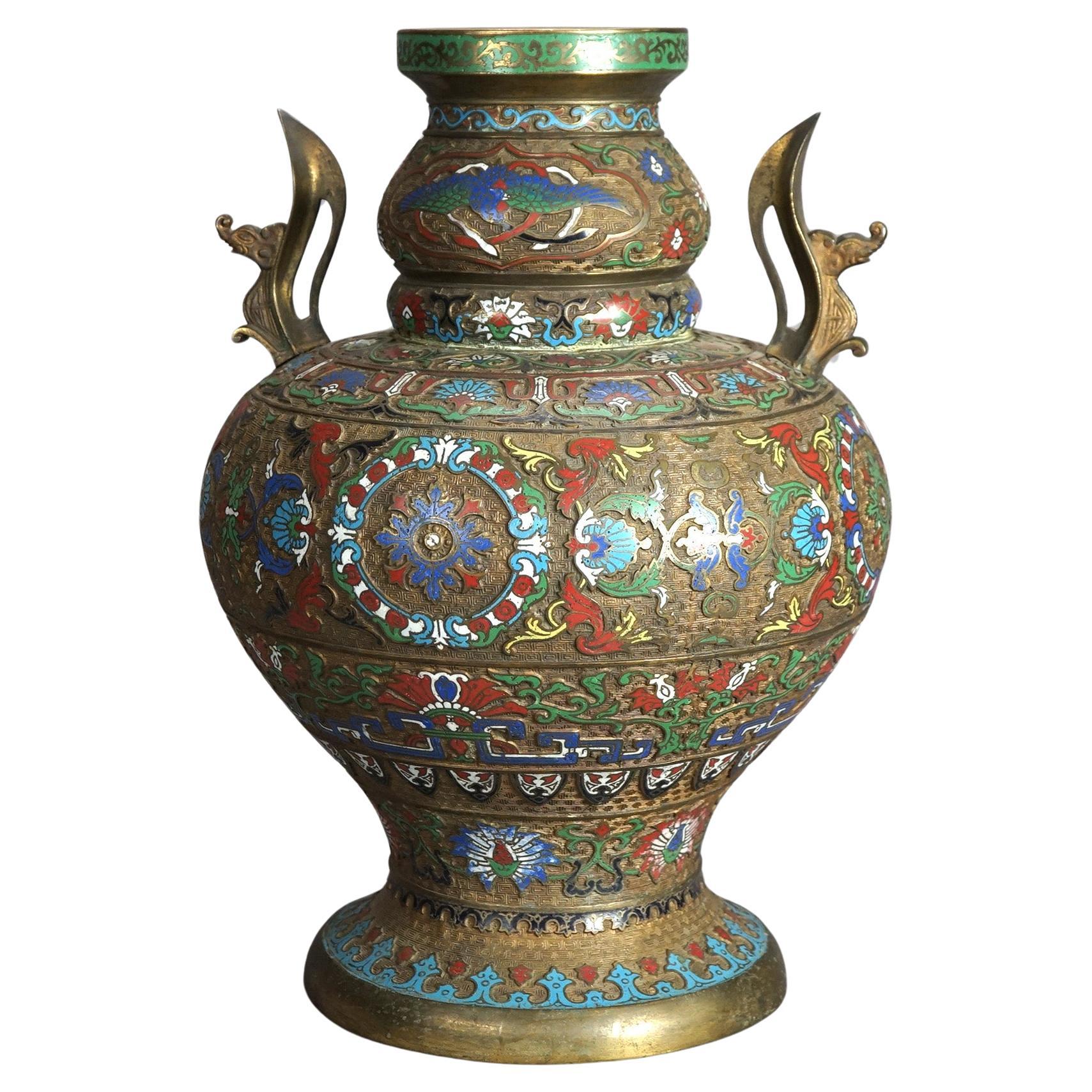 Antique Japanese Meiji Oversized Bronze & Cloisonne Figural Vase Circa 1900 For Sale