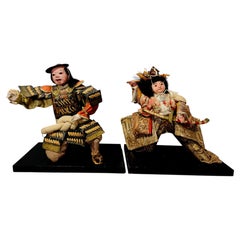 Antiguo Japonés Meiji par Samurai Guerrero Muñecas de Madera Gofun Cara Armadura Completa