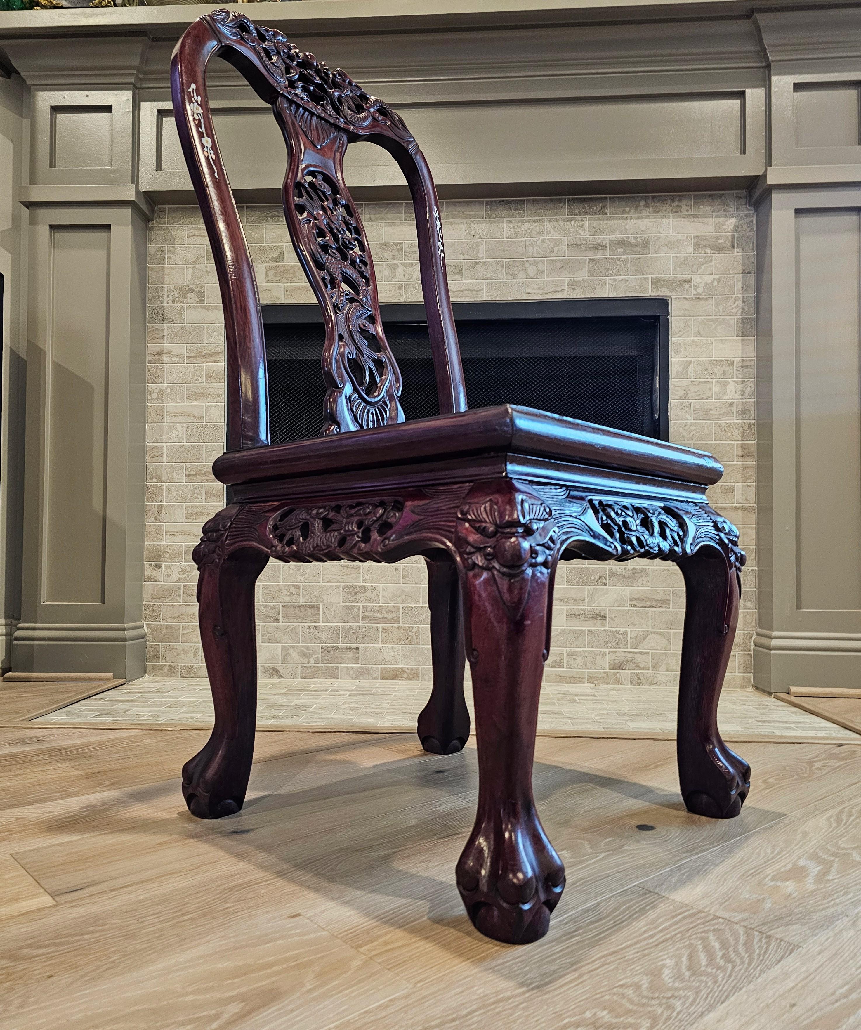 Antique Japanese Meiji Pearl Shell Inlaid Carved Hongmu Dragon Chair For Sale 5