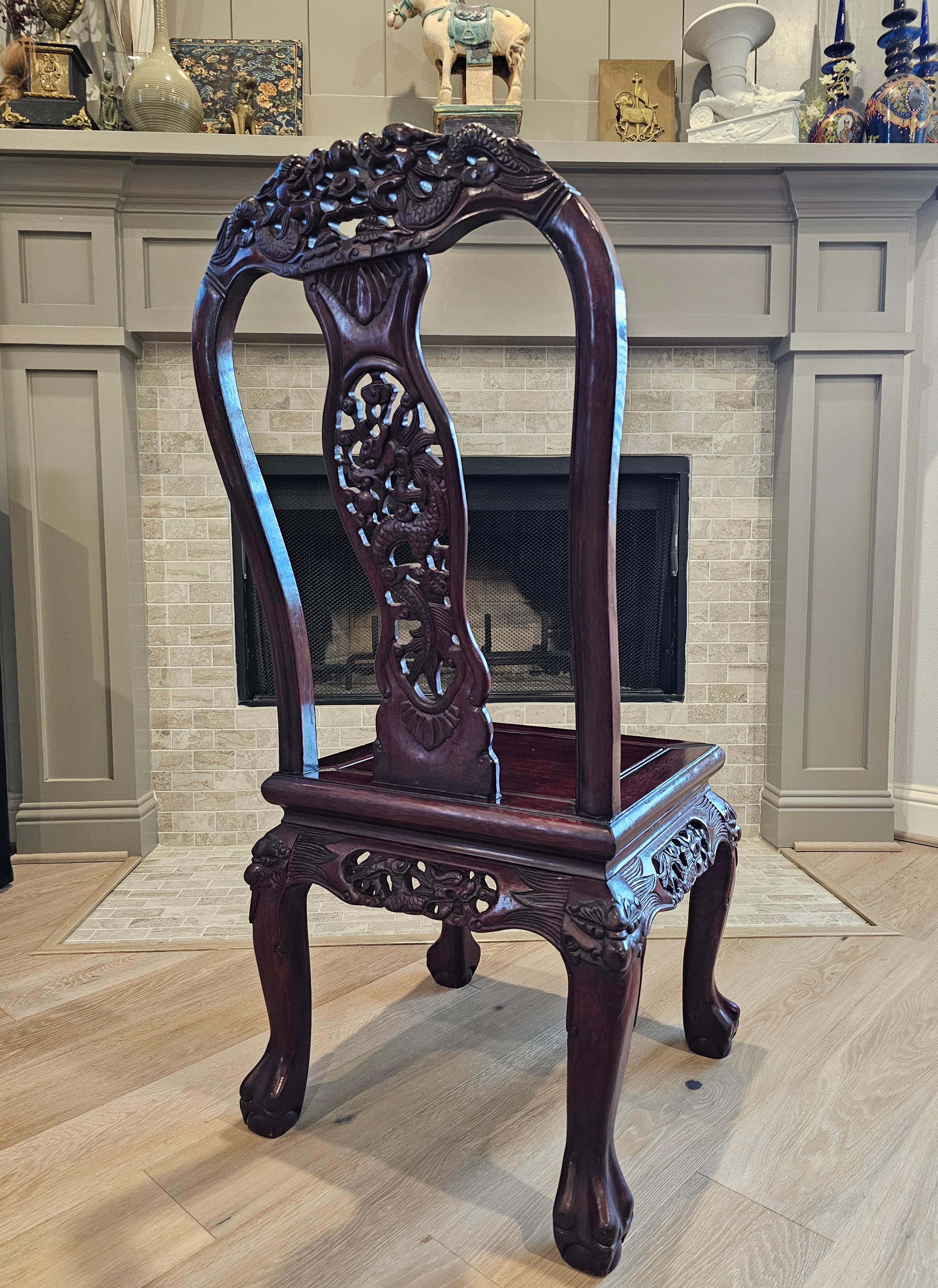 Antique Japanese Meiji Pearl Shell Inlaid Carved Hongmu Dragon Chair For Sale 6