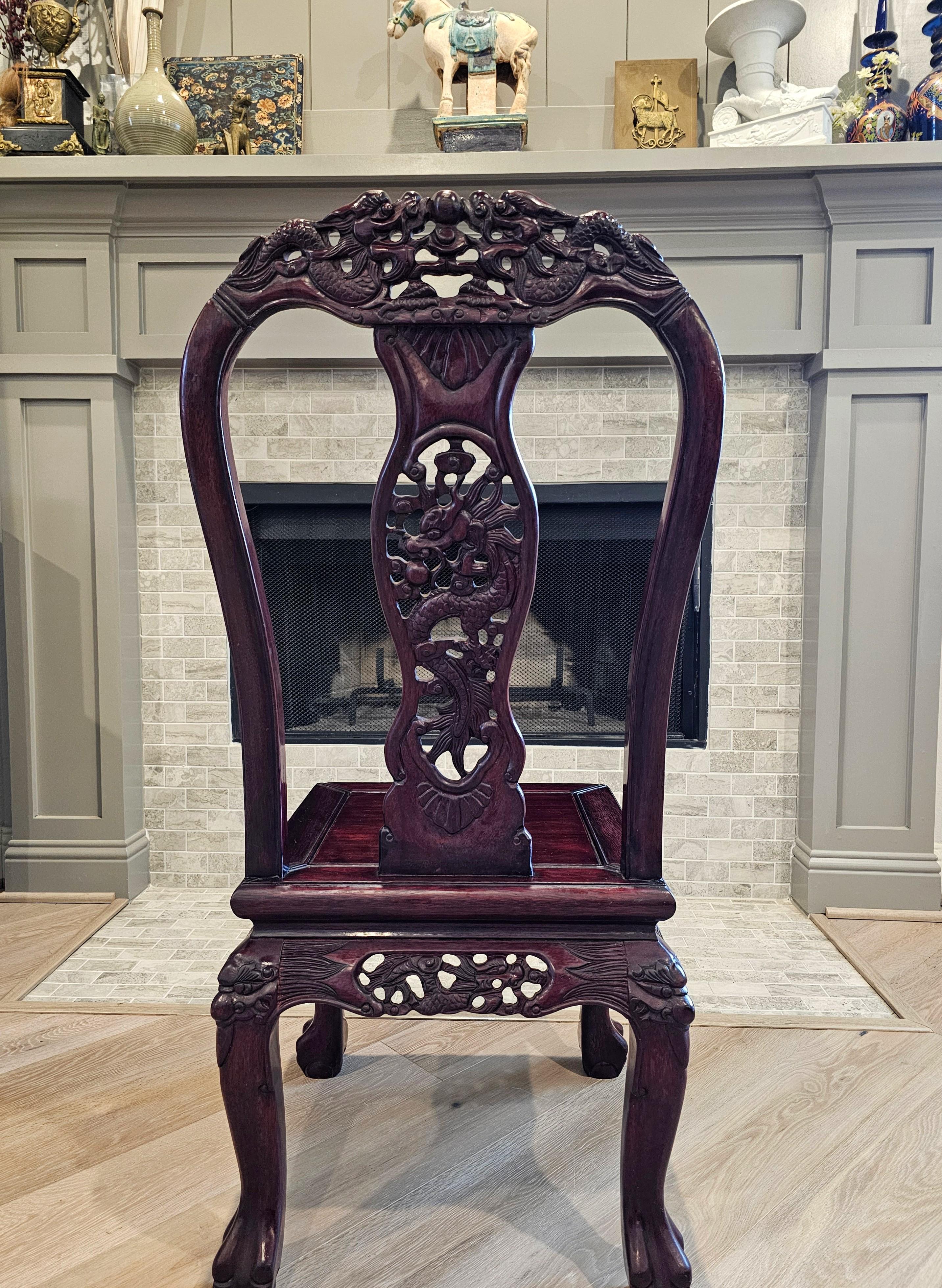 Antique Japanese Meiji Pearl Shell Inlaid Carved Hongmu Dragon Chair For Sale 7