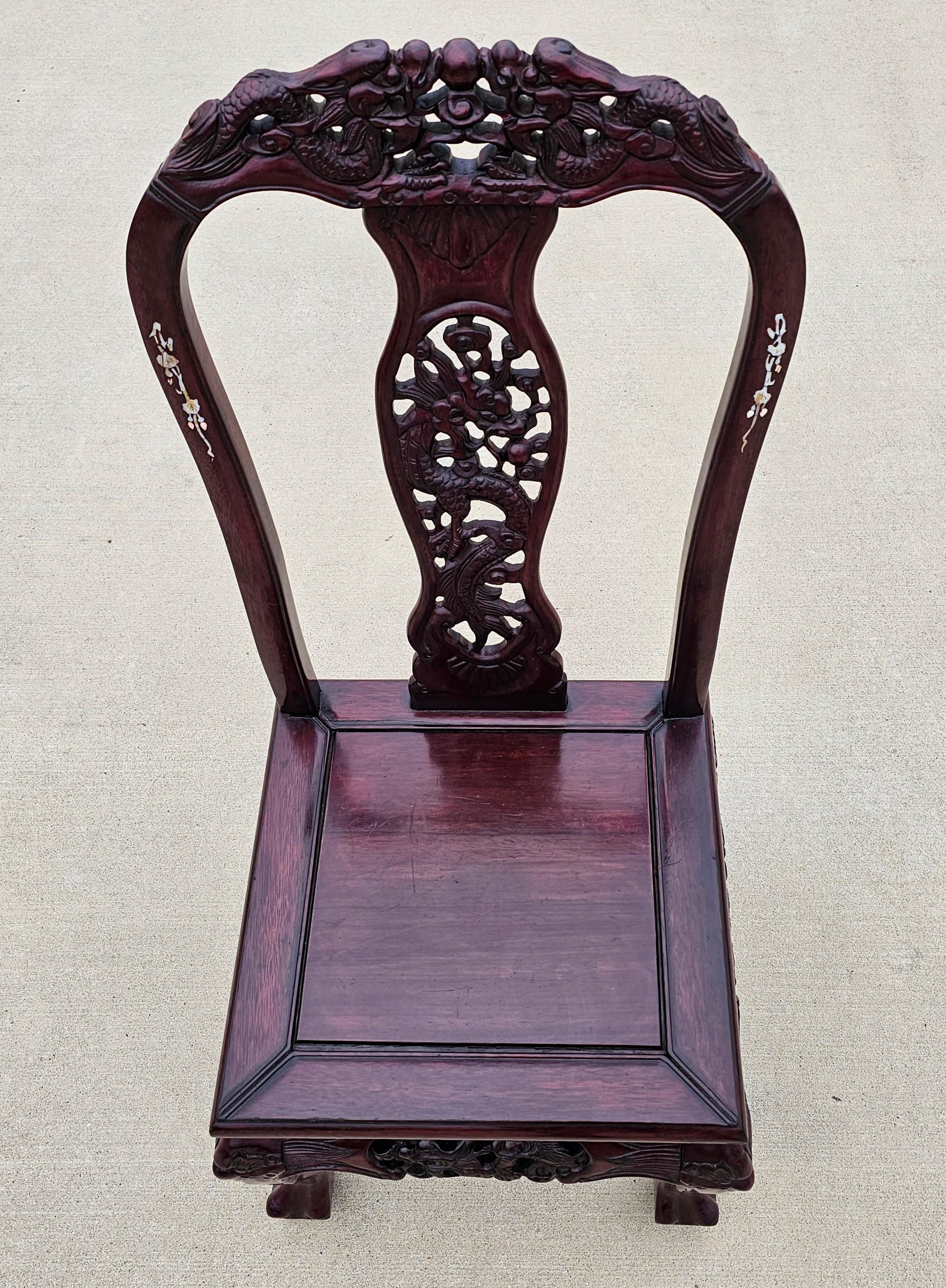 Antique Japanese Meiji Pearl Shell Inlaid Carved Hongmu Dragon Chair For Sale 9