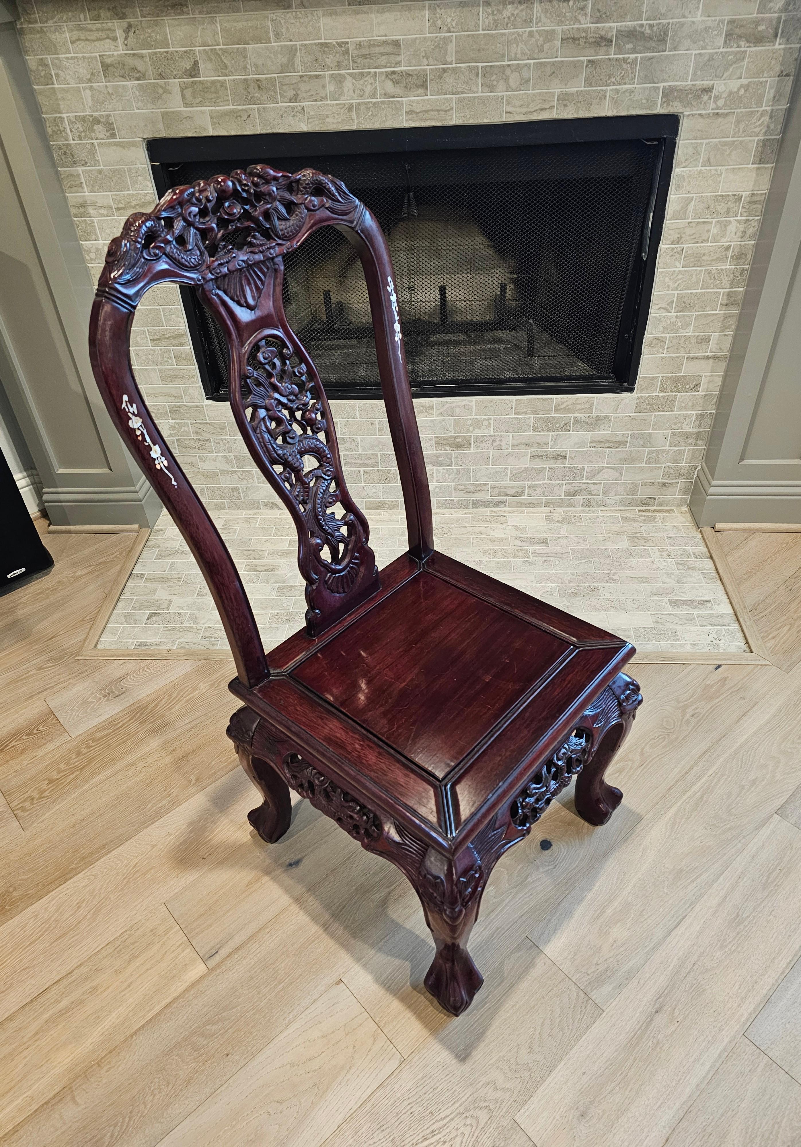 Antique Japanese Meiji Pearl Shell Inlaid Carved Hongmu Dragon Chair For Sale 14