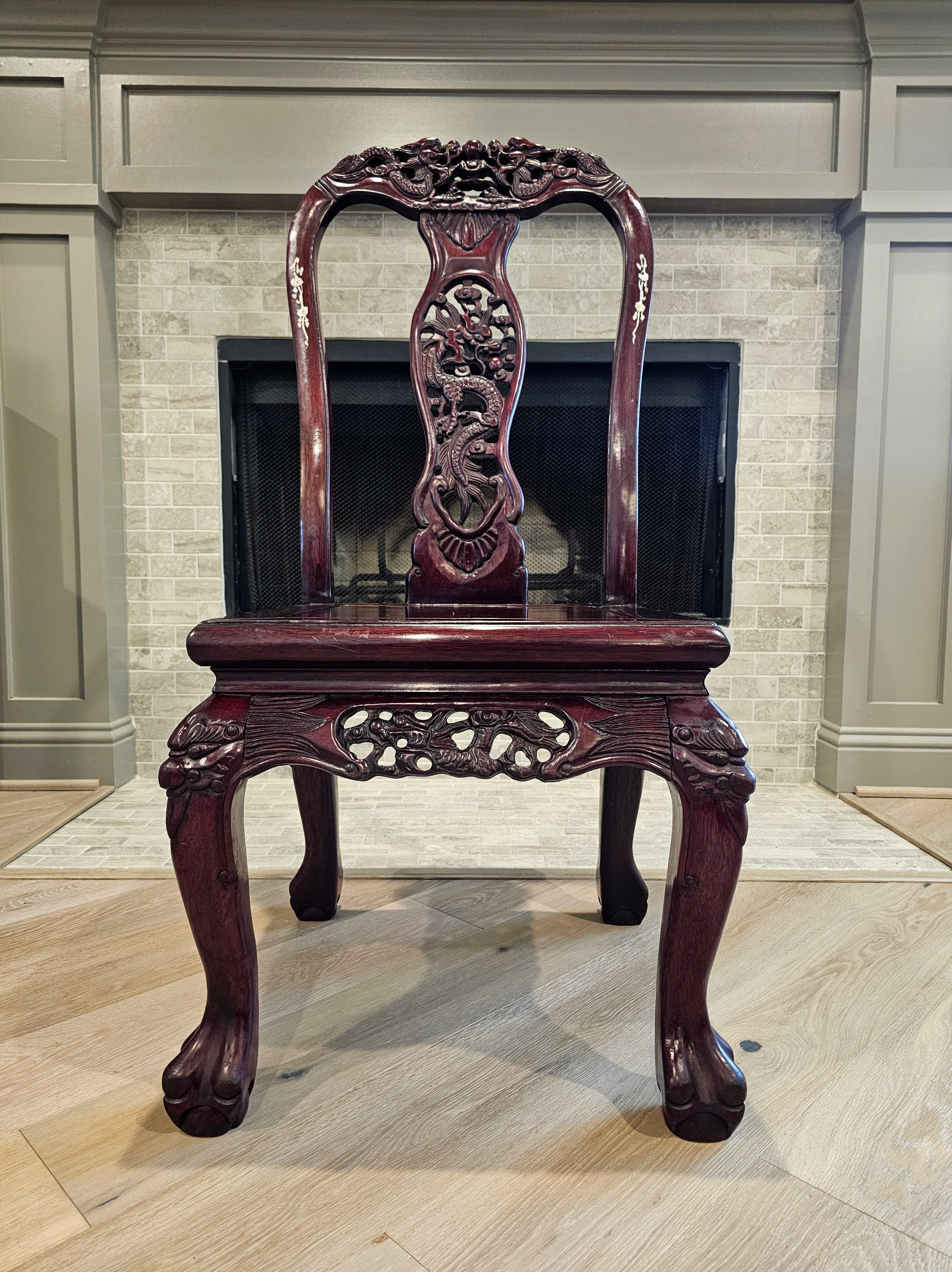 Antique Japanese Meiji Pearl Shell Inlaid Carved Hongmu Dragon Chair For Sale 15
