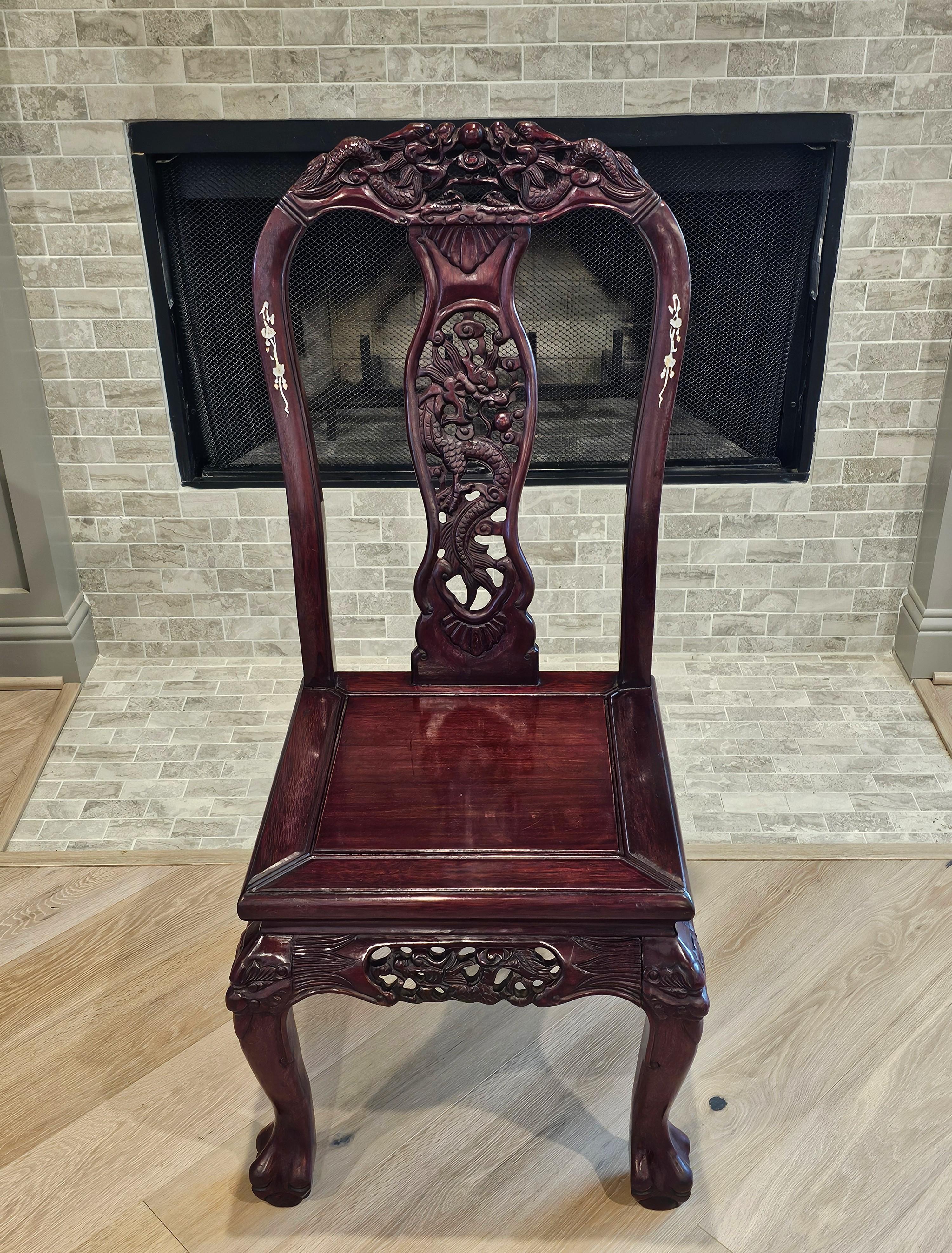 Antique Japanese Meiji Pearl Shell Inlaid Carved Hongmu Dragon Chair For Sale 4