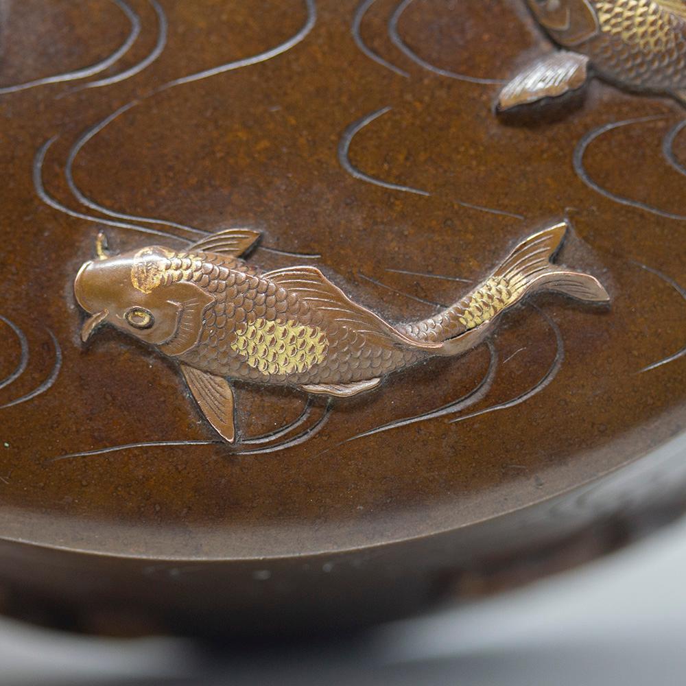 Antique Japanese Meiji Period Bronze Mixed Metals Koi Carp Box 9