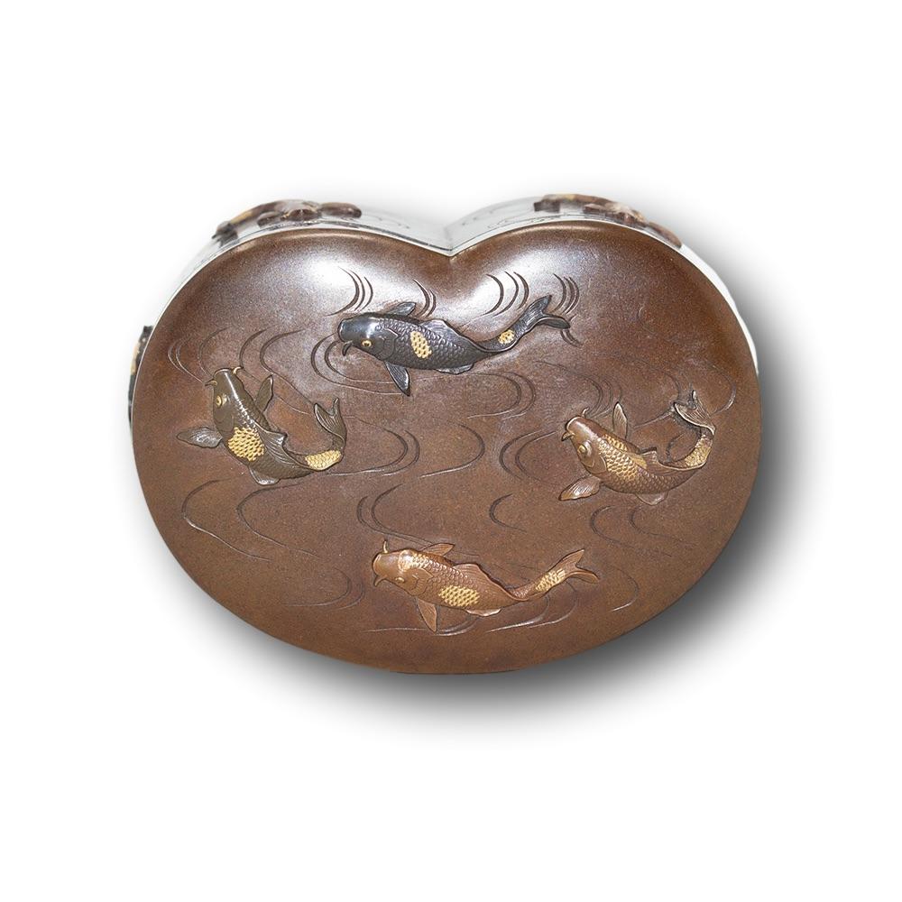 Antique Japanese Meiji Period Bronze Mixed Metals Koi Carp Box 4