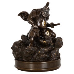 Antique Japanese Meiji Period Bronze Sculpture Okimono of Samurai Warrior