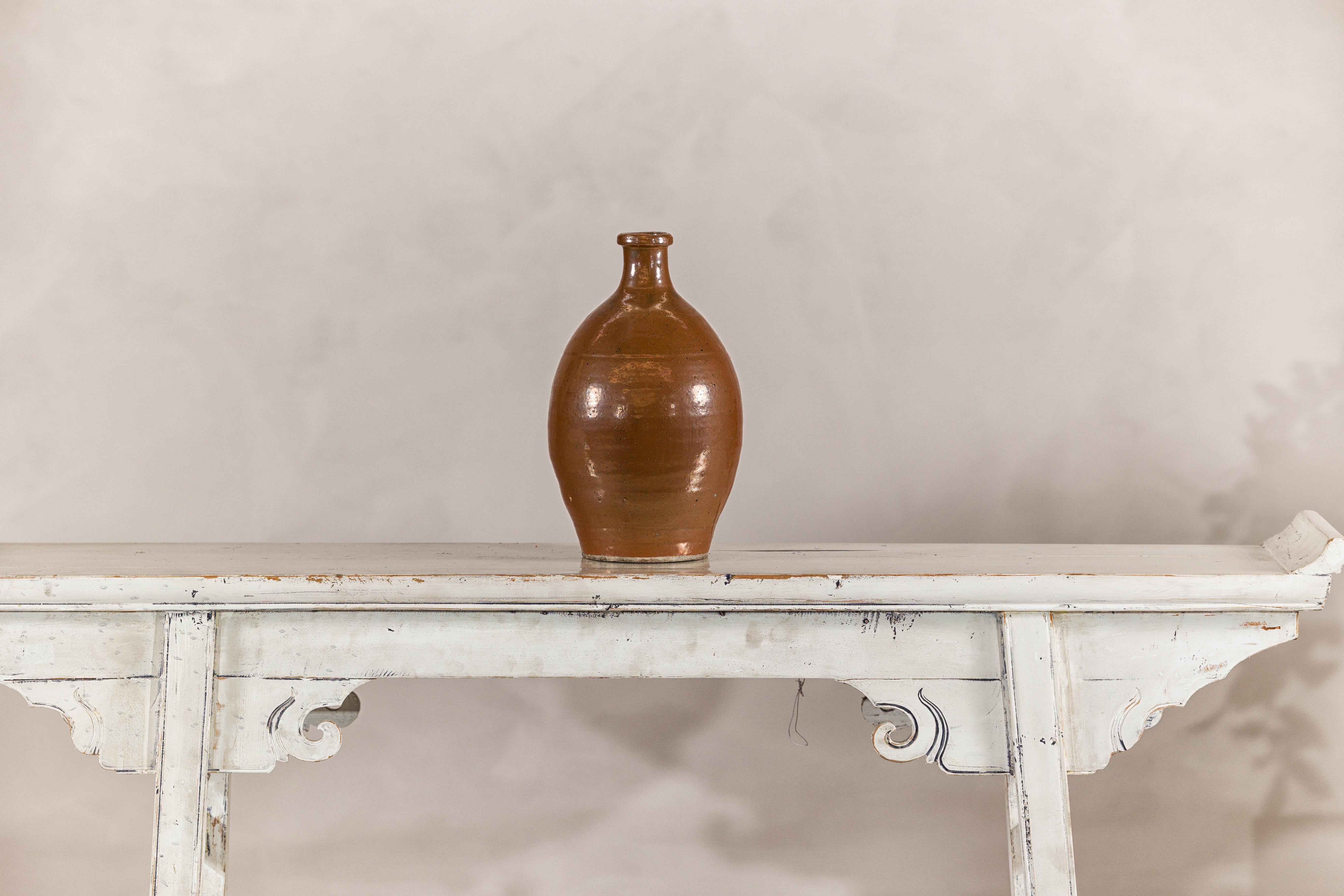 Glazed Antique Japanese Meiji Period Brown Monochrome Bottle, 19th Century Collectible For Sale