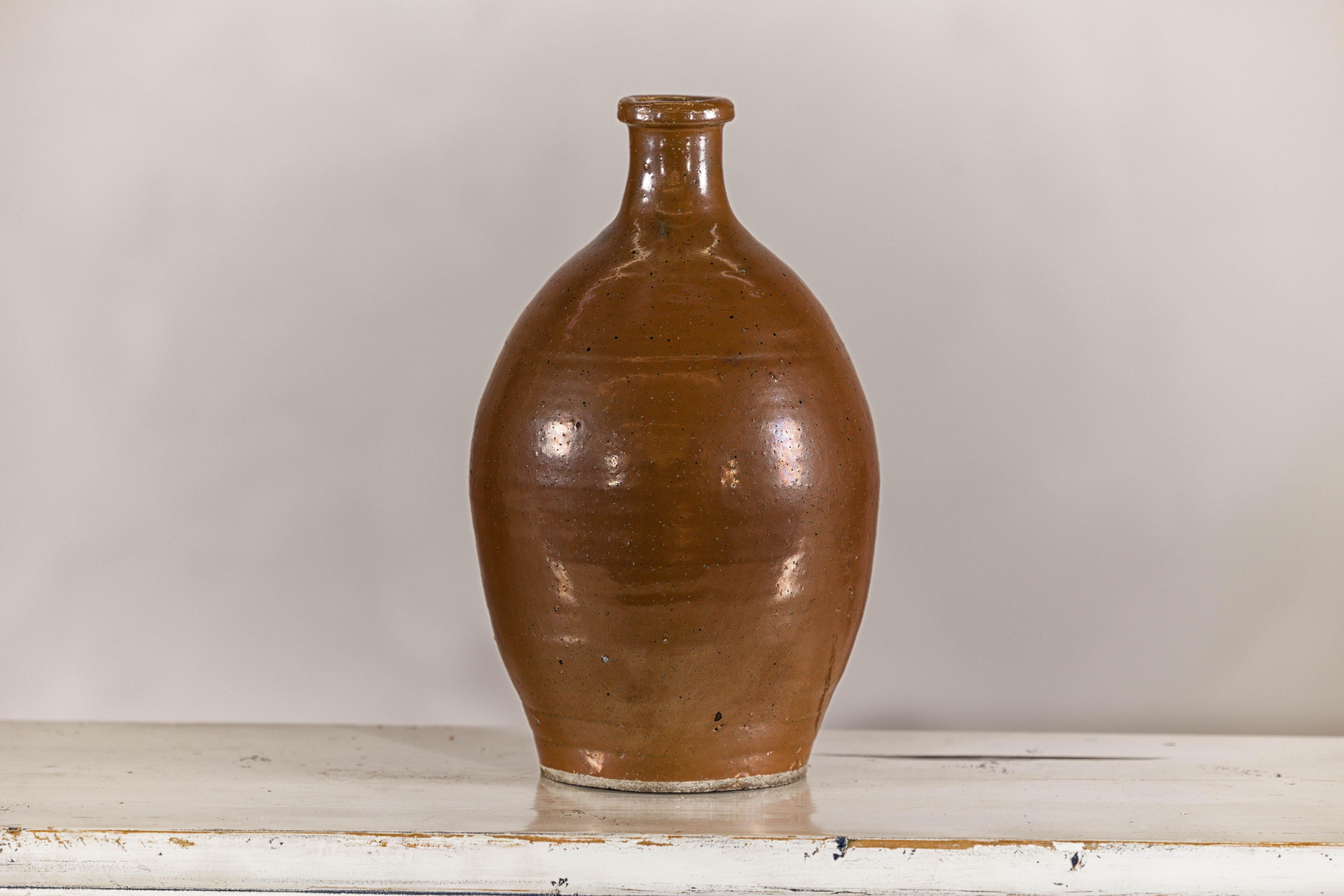 Ceramic Antique Japanese Meiji Period Brown Monochrome Bottle, 19th Century Collectible For Sale