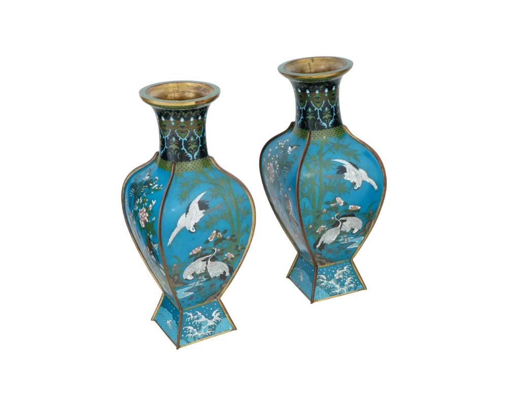 Cloissoné Antique Pair Of Japanese Cloisonne Enamel Vases With Hawks, Cranes, Scenes For Sale