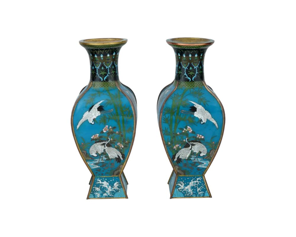 Antique Pair Of Japanese Cloisonne Enamel Vases With Hawks, Cranes, Scenes In Good Condition For Sale In New York, NY