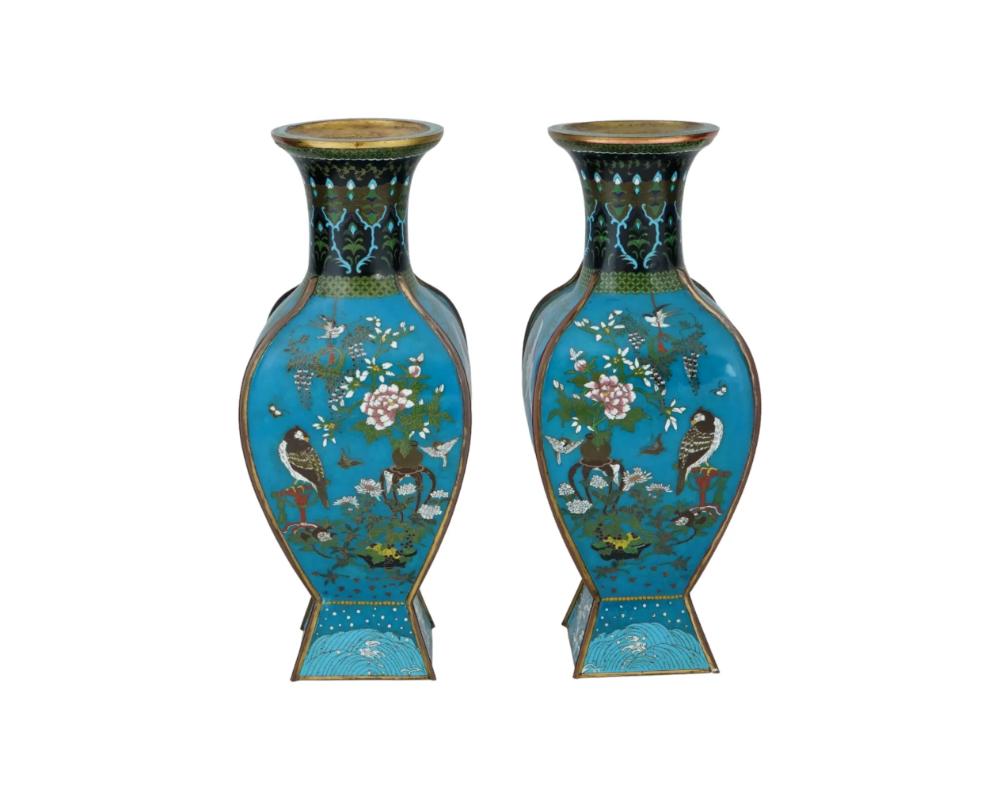 20th Century Antique Pair Of Japanese Cloisonne Enamel Vases With Hawks, Cranes, Scenes For Sale