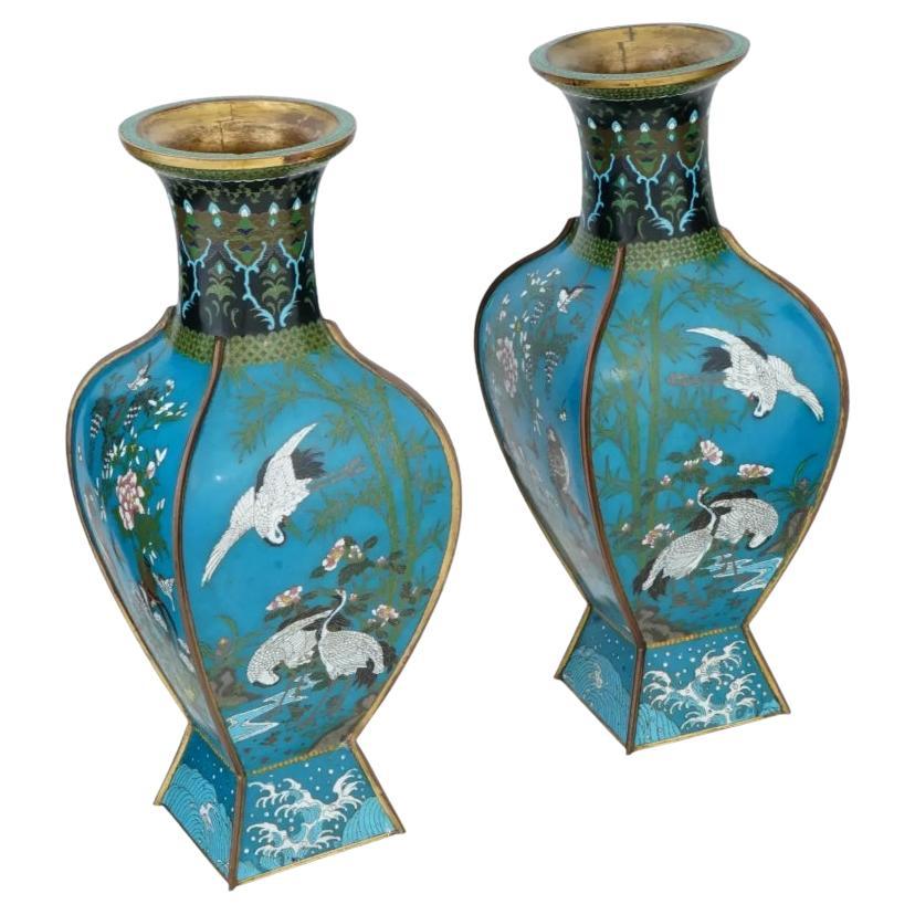 Meiji Antique Pair Of Japanese Cloisonne Enamel Vases With Hawks, Cranes, Scenes For Sale