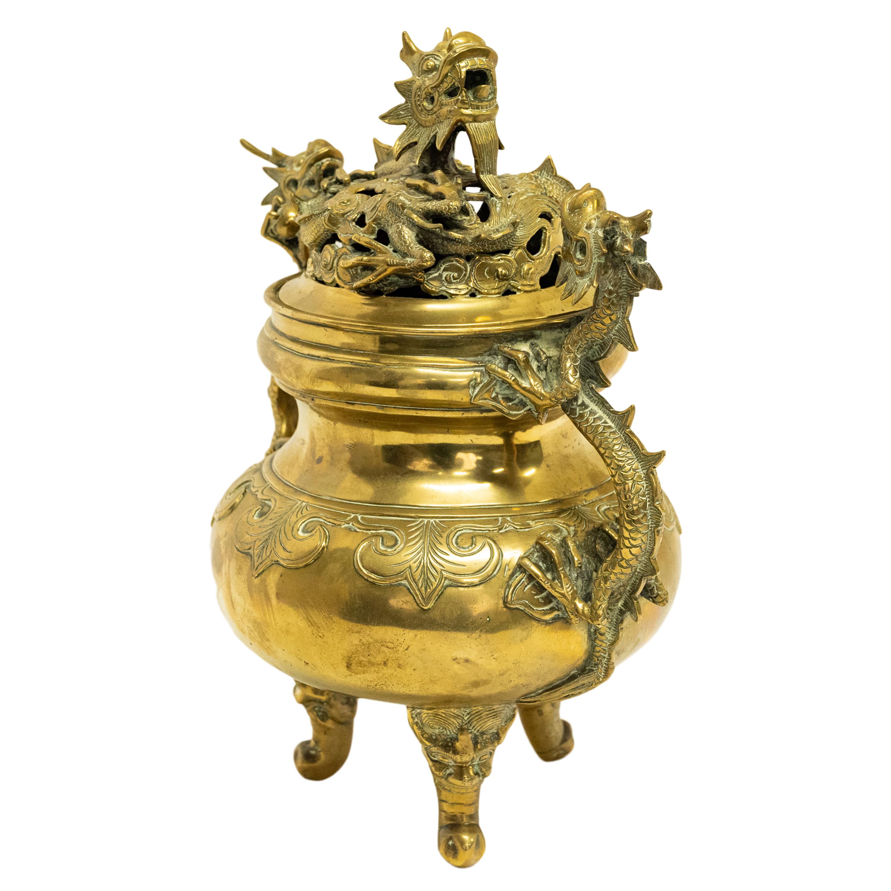 Polished Antique Japanese Meiji Period Gilt Bronze Dragon Koro Censer incense Burner 1880