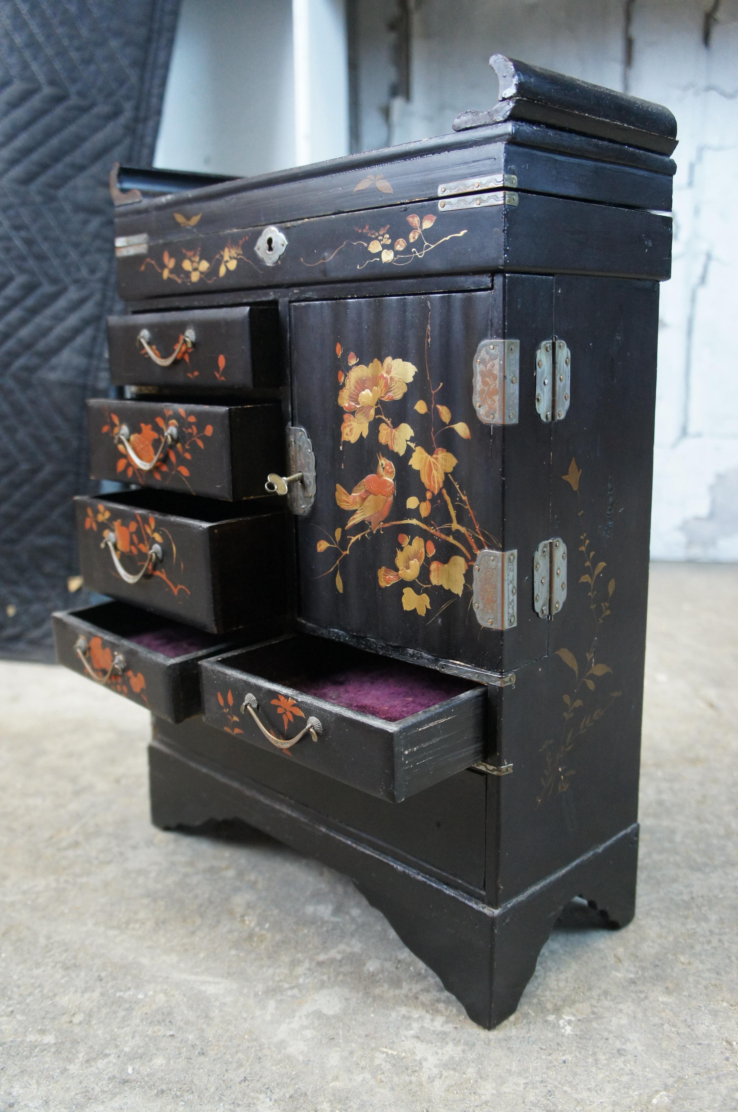 19th Century Antique Japanese Meiji Period Lacquered Hand Painted Jewelry Box Miniature Chest