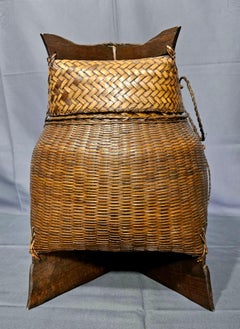 Antique Japanese Meiji Period Large Wood-Lagged & Covered Bamboo Ikebana Basket