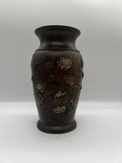 Antique Japanese Meiji Period Mixed Metal Bronze Vase w/ Bird Detailing - Signed