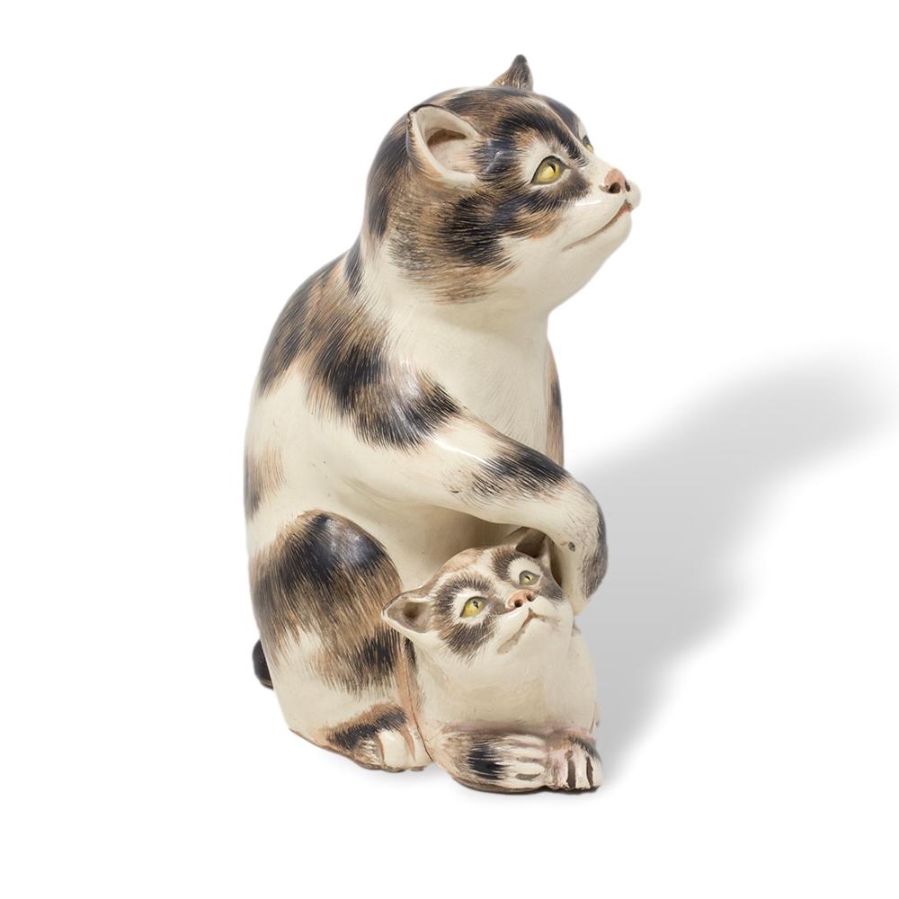 Antique Japanese Meiji Period Pottery Cat and Kitten Okimono 1
