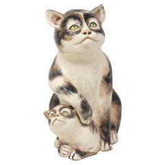 Antique Japanese Meiji Period Pottery Cat and Kitten Okimono