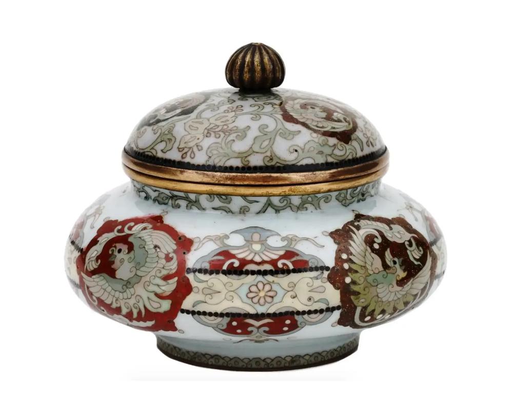 Cloissoné Antique Japanese Meiji Period Round Cloisonne Covered Jar For Sale