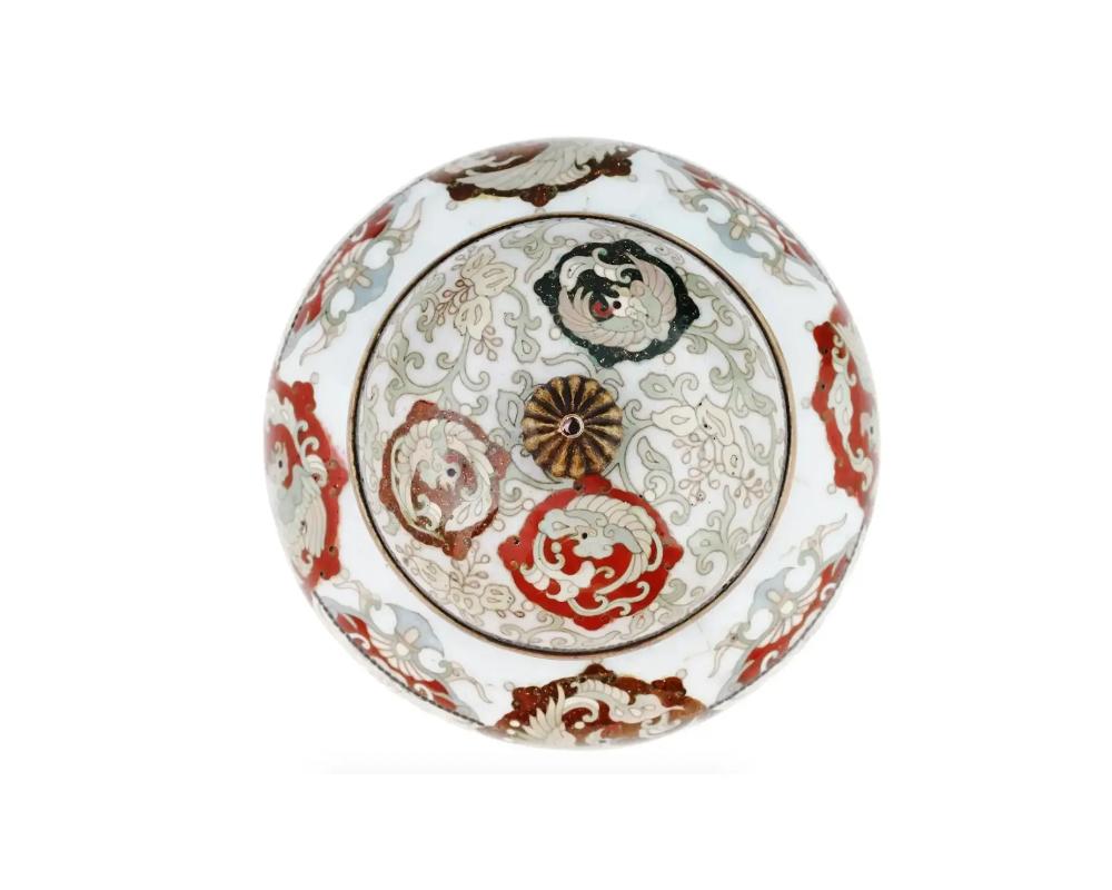 Enamel Antique Japanese Meiji Period Round Cloisonne Covered Jar For Sale