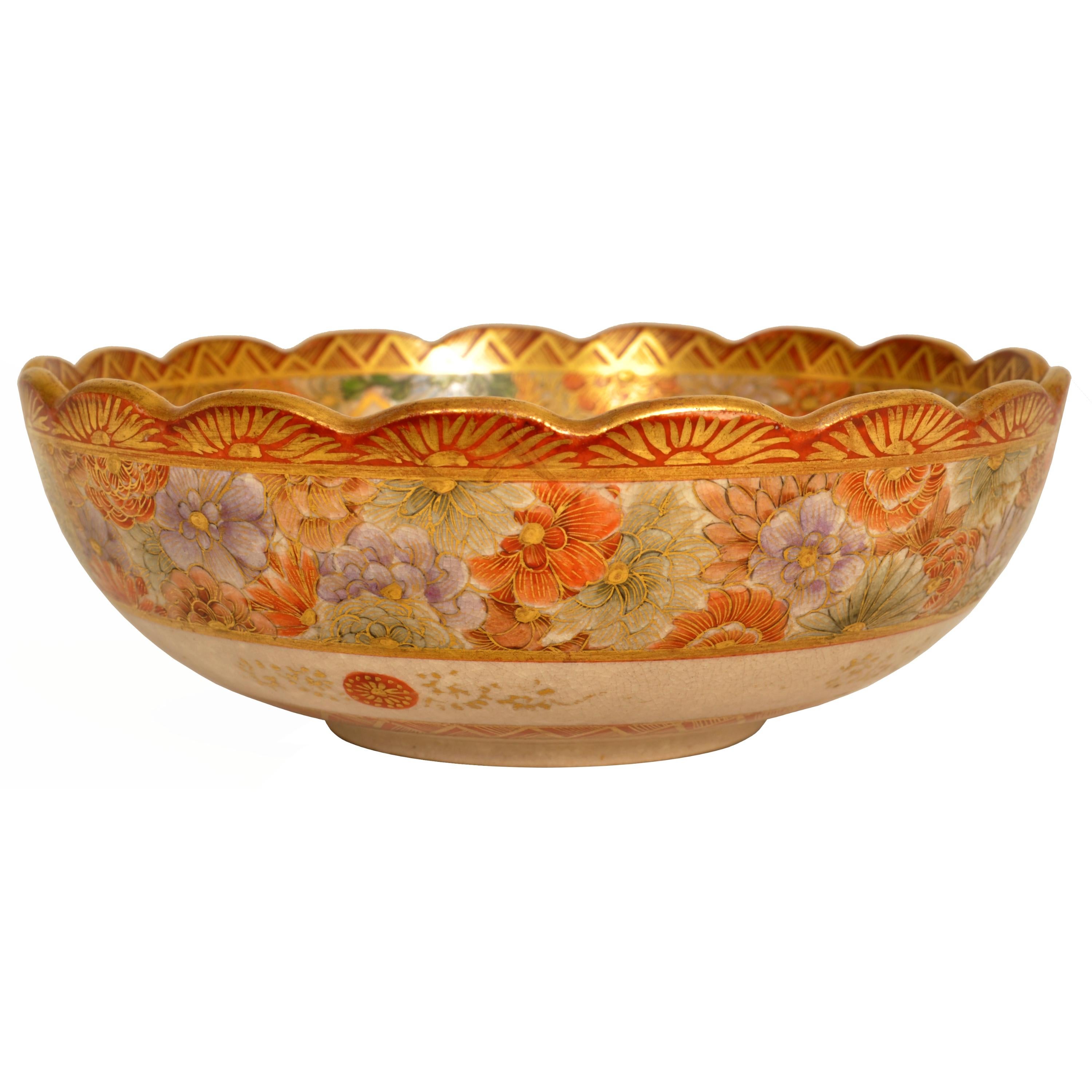 Antique Japanese Meiji Period Satsuma Pottery Bowl Imperial Figures Kizan 1890 For Sale 5