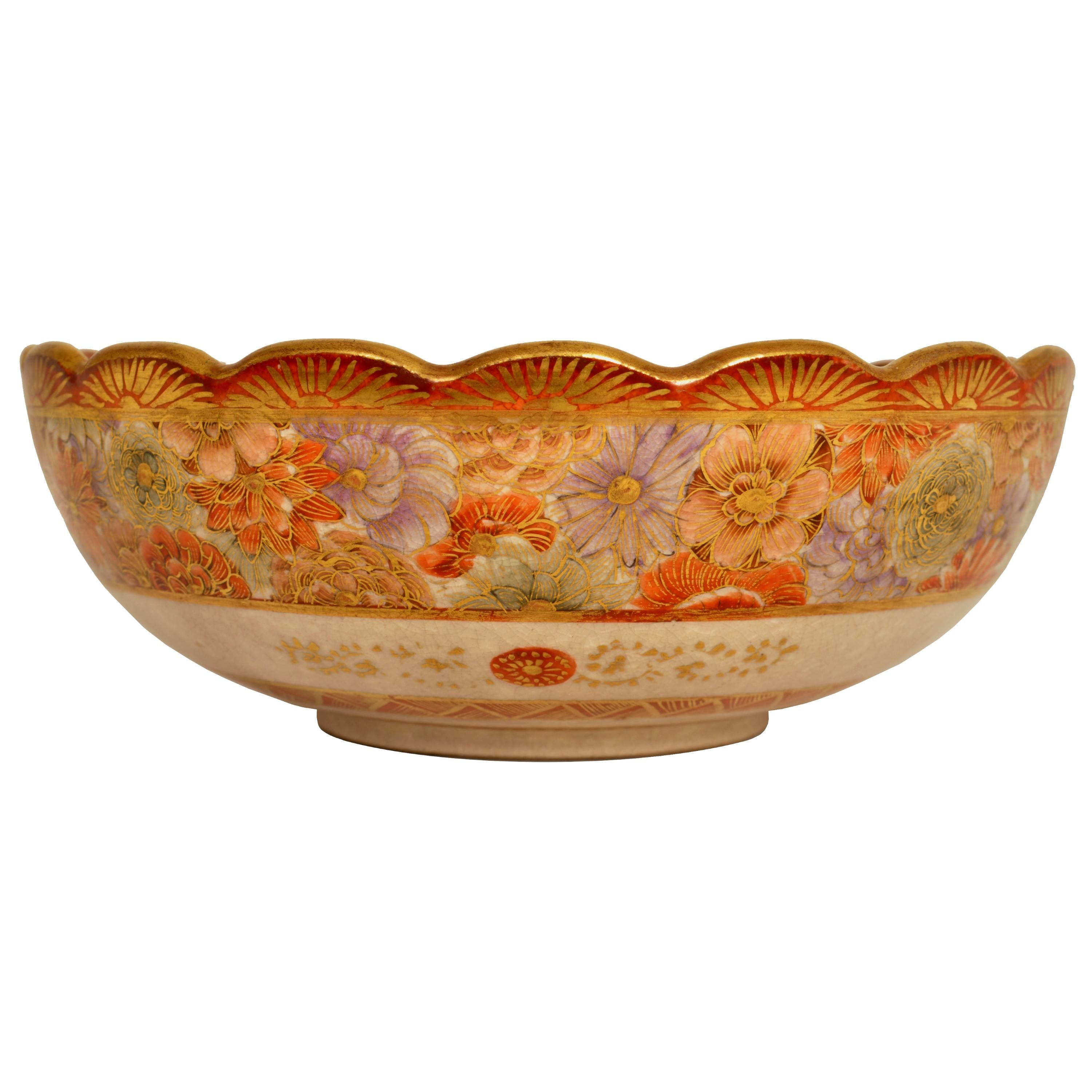 Antique Japanese Meiji Period Satsuma Pottery Bowl Imperial Figures Kizan 1890 In Good Condition For Sale In Portland, OR
