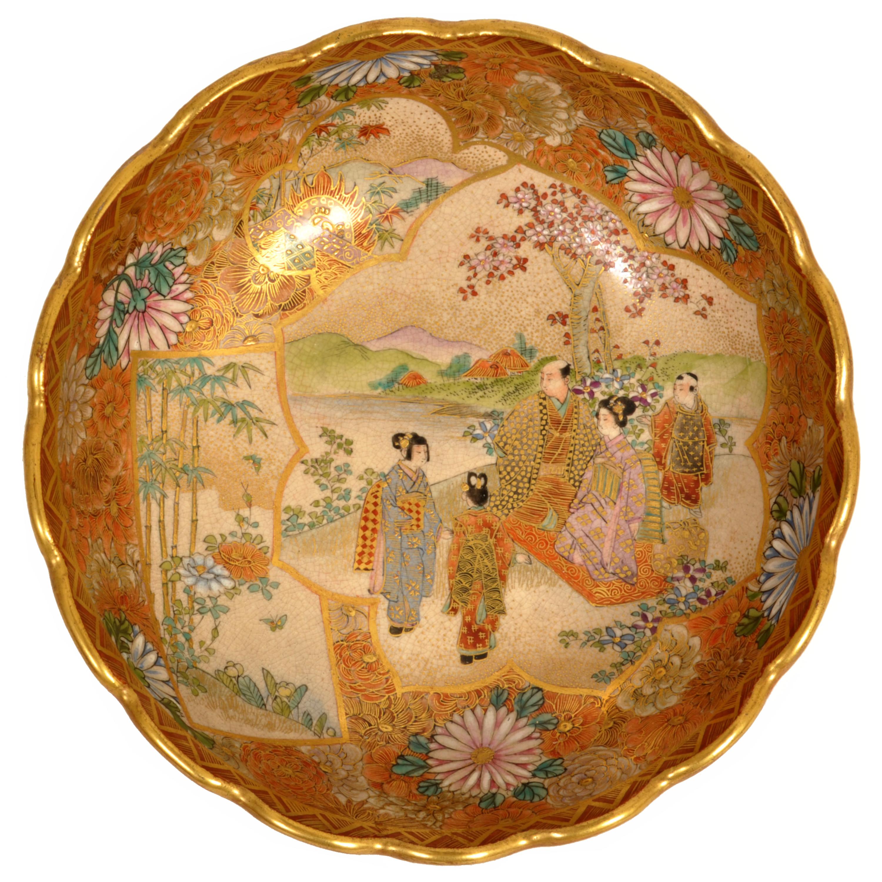 Antique Japanese Meiji Period Satsuma Pottery Bowl Imperial Figures Kizan 1890 For Sale