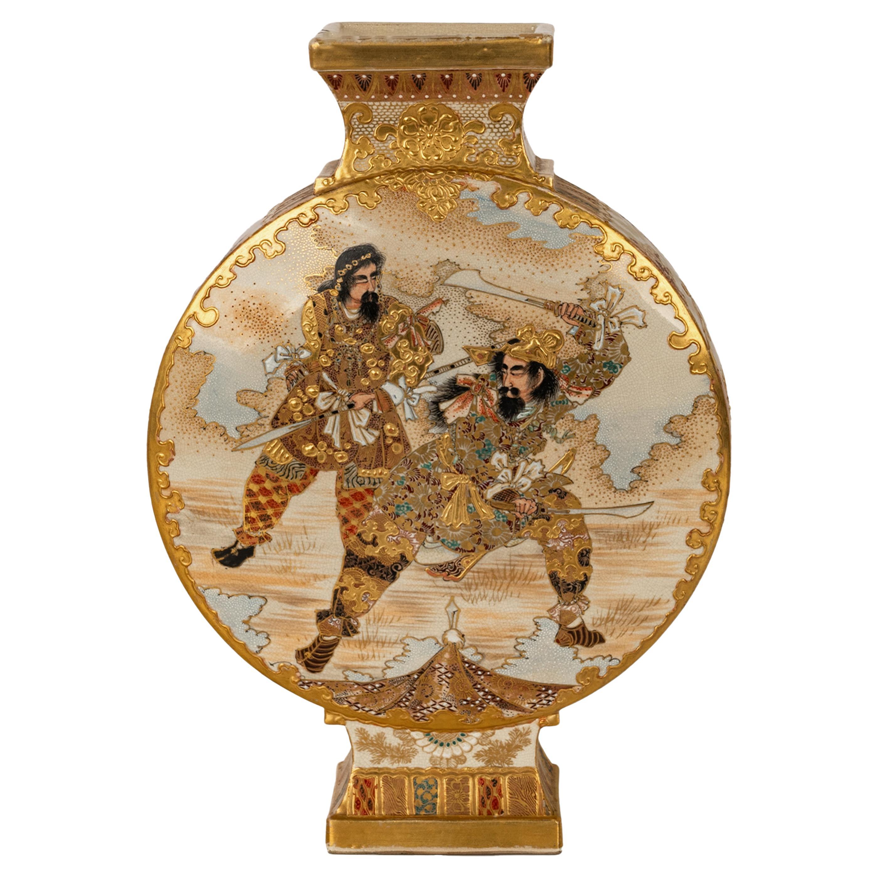 Giapponese Antico vaso a forma di luna in ceramica Satsuma del periodo Meiji Samurai 1880
