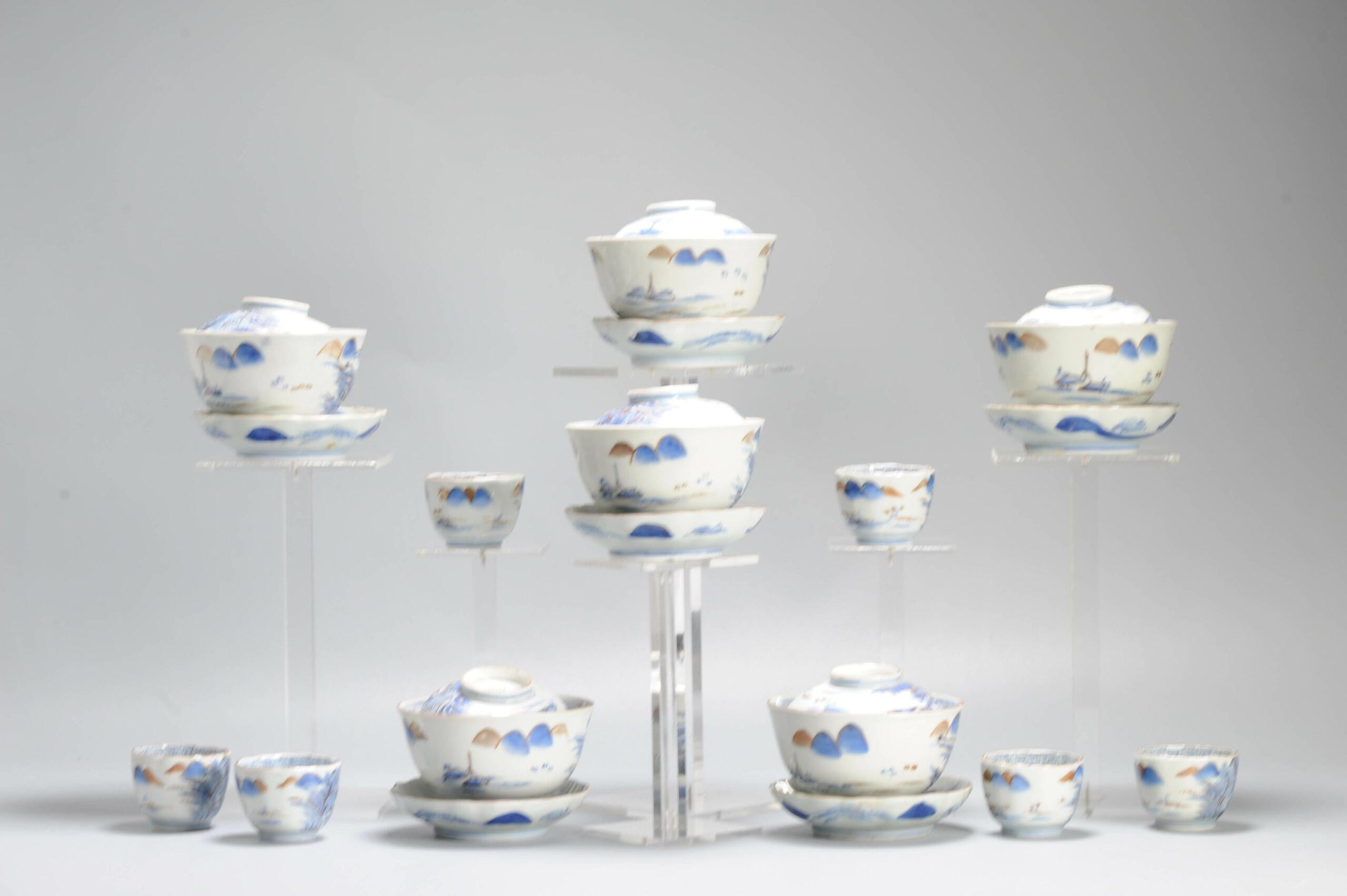 Ensemble de tasses ou de bols à thé japonais anciens de la période Meiji, paysage en porcelaine en vente 6