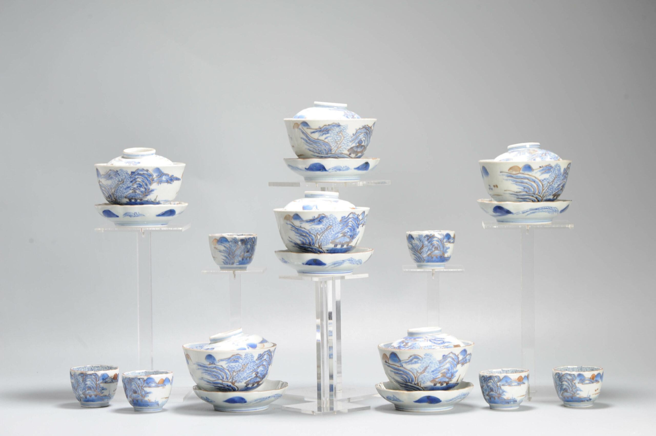 Ensemble de tasses ou de bols à thé japonais anciens de la période Meiji, paysage en porcelaine en vente 7