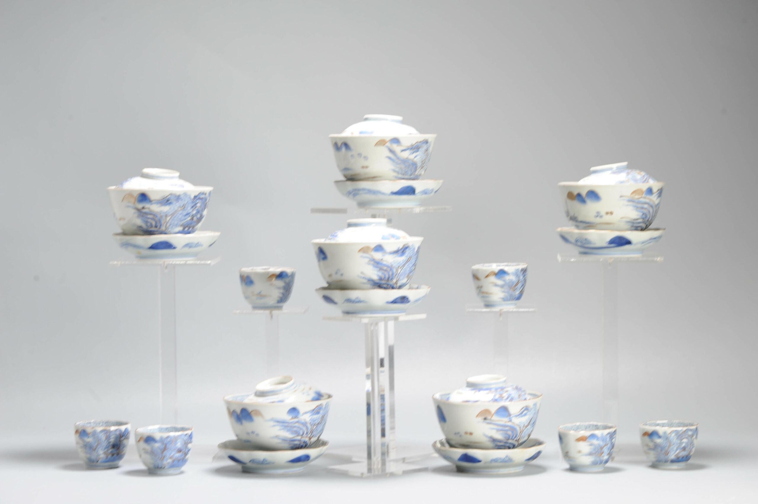Ensemble de tasses ou de bols à thé japonais anciens de la période Meiji, paysage en porcelaine en vente 11