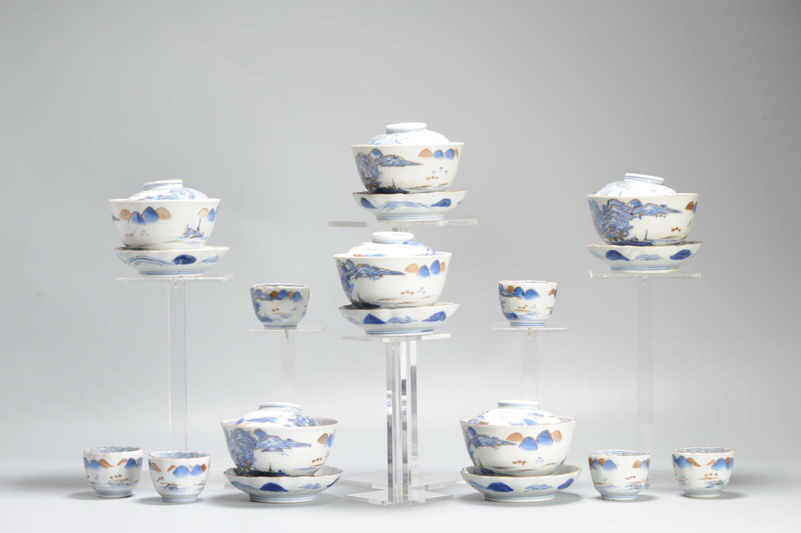 XIXe siècle Ensemble de tasses ou de bols à thé japonais anciens de la période Meiji, paysage en porcelaine en vente