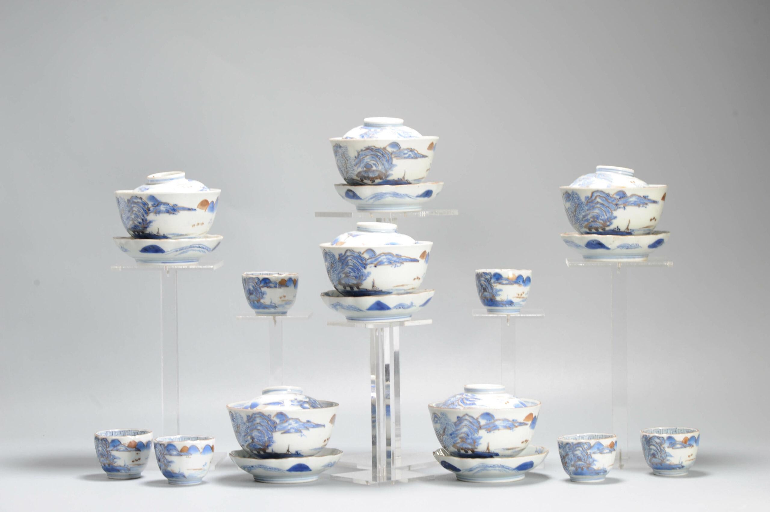 Ensemble de tasses ou de bols à thé japonais anciens de la période Meiji, paysage en porcelaine en vente 2