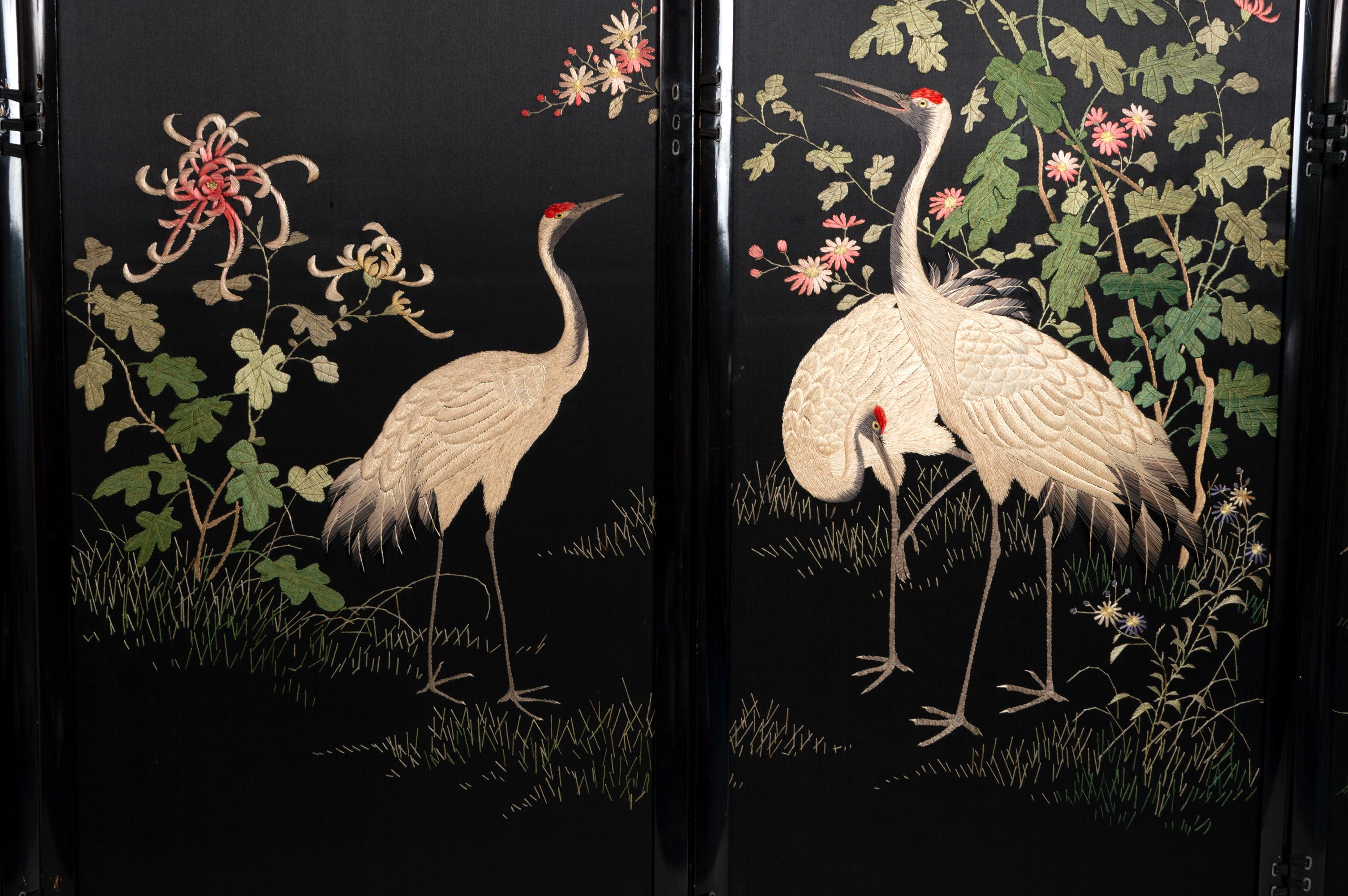 Antique Japanese Meiji Period Silk Embroidered Screen Room Divider Byobu C.1900 For Sale 4