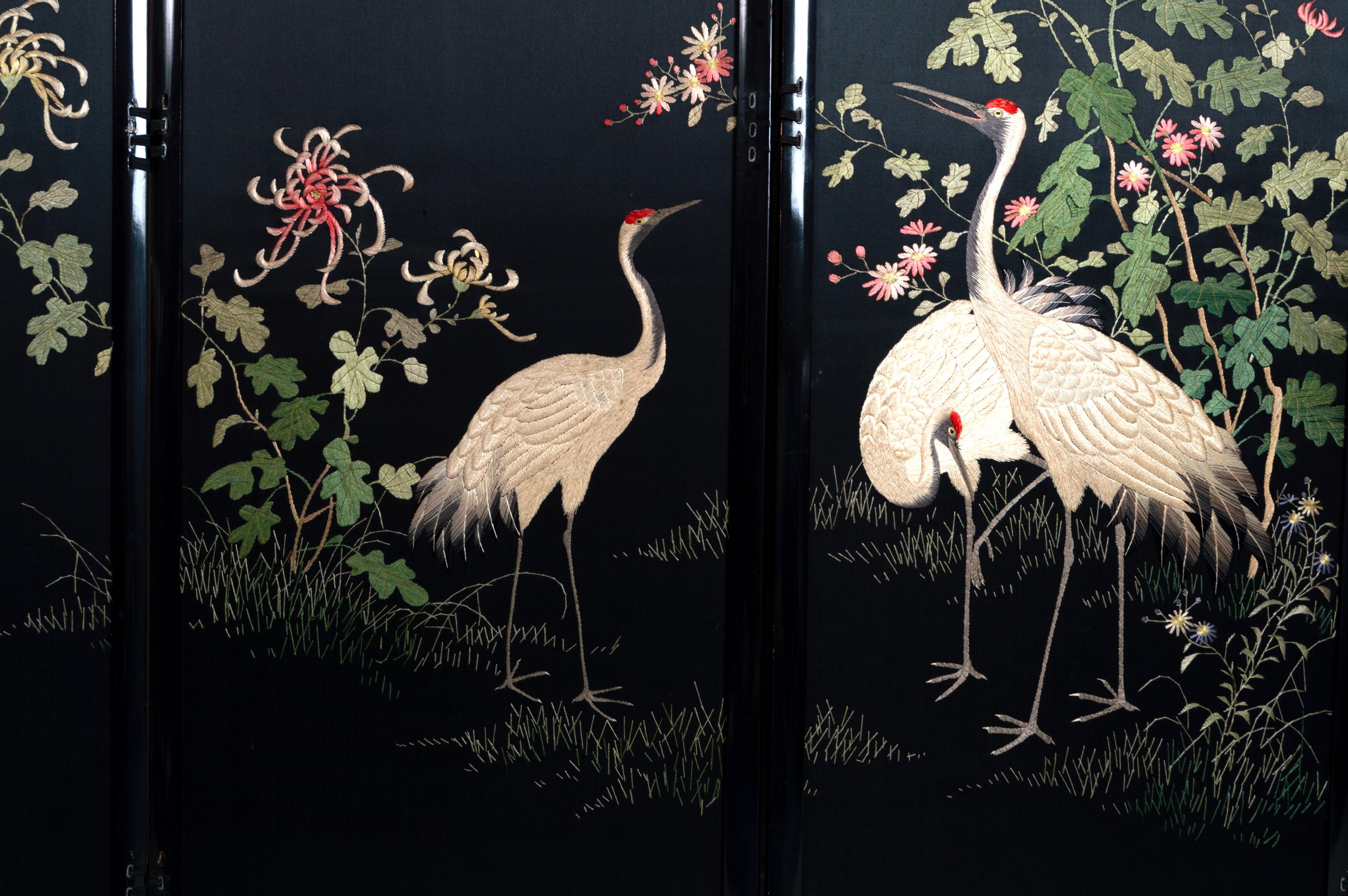Antique Japanese Meiji Period Silk Embroidered Screen Room Divider Byobu C.1900 For Sale 1