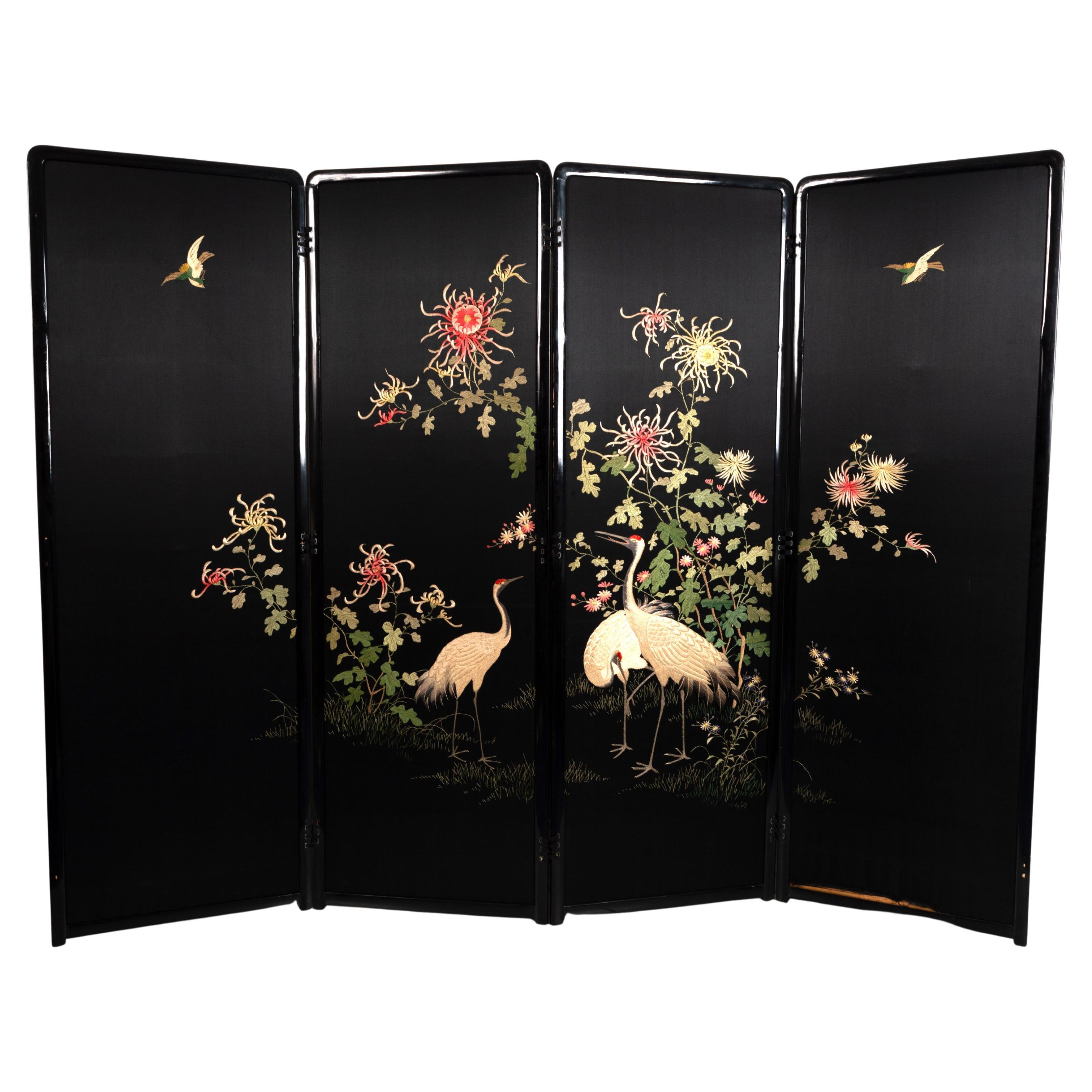 Antique Japanese Meiji Period Silk Embroidered Screen Room Divider Byobu C.1900