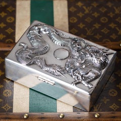 Antique Japanese Meiji Period Silver Humidor Box with Dragon Relief