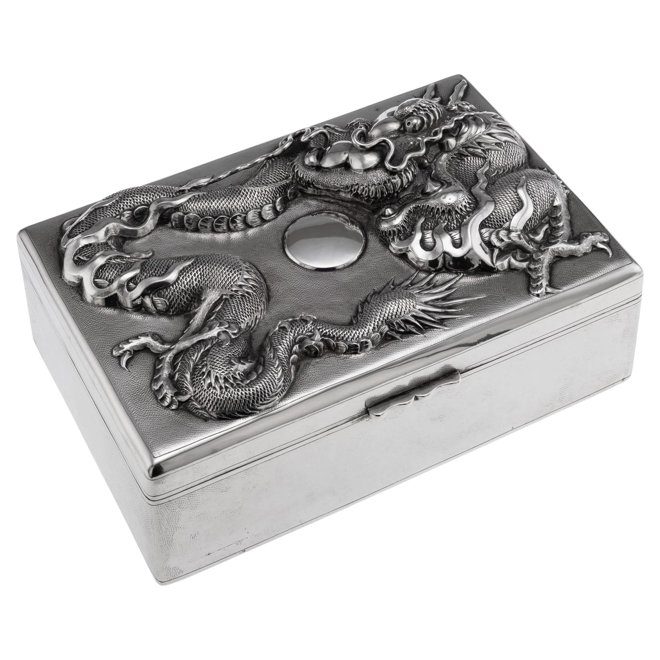 Antique Japanese Meiji Period Silver Humidor Box with Dragon Relief