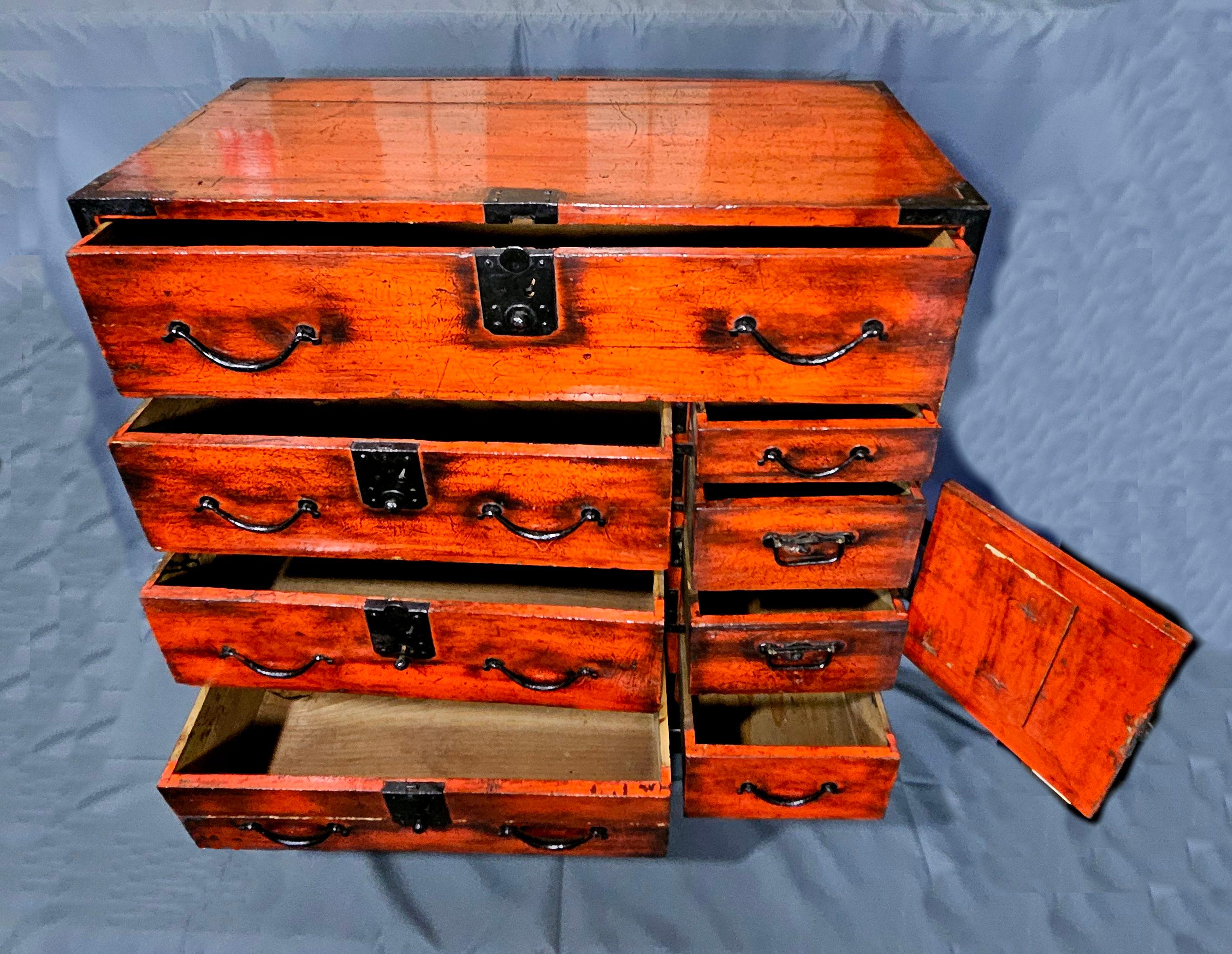 Antique Japanese Meiji Period Tansu Chest on Fitted Wood Stand For Sale 7